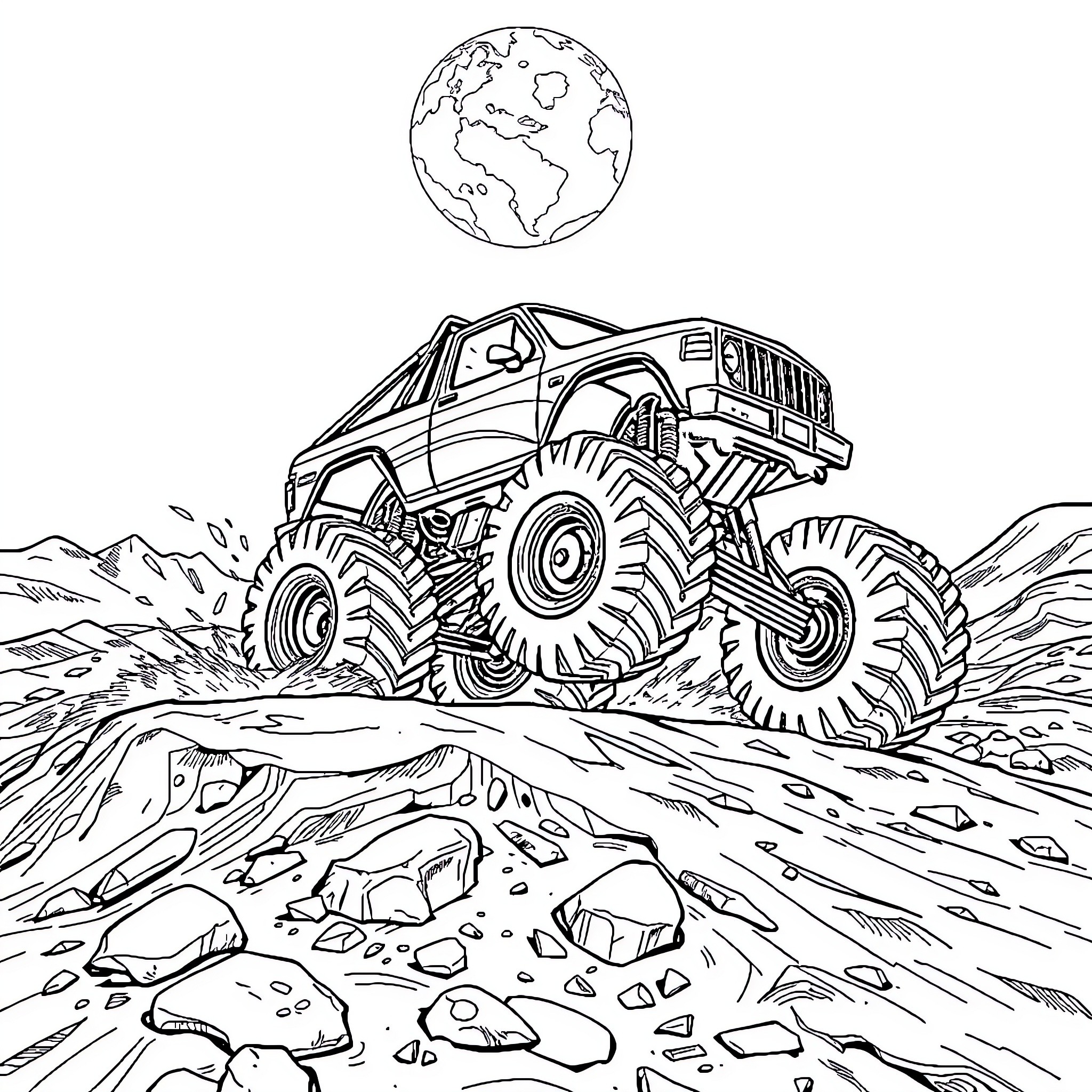 Monster Truck Conquering Rugged Terrain Coloring Page (free black-and-white line drawing printable PDF for all, from beginners to advanced learners, including children, teens, adults, and seniors)