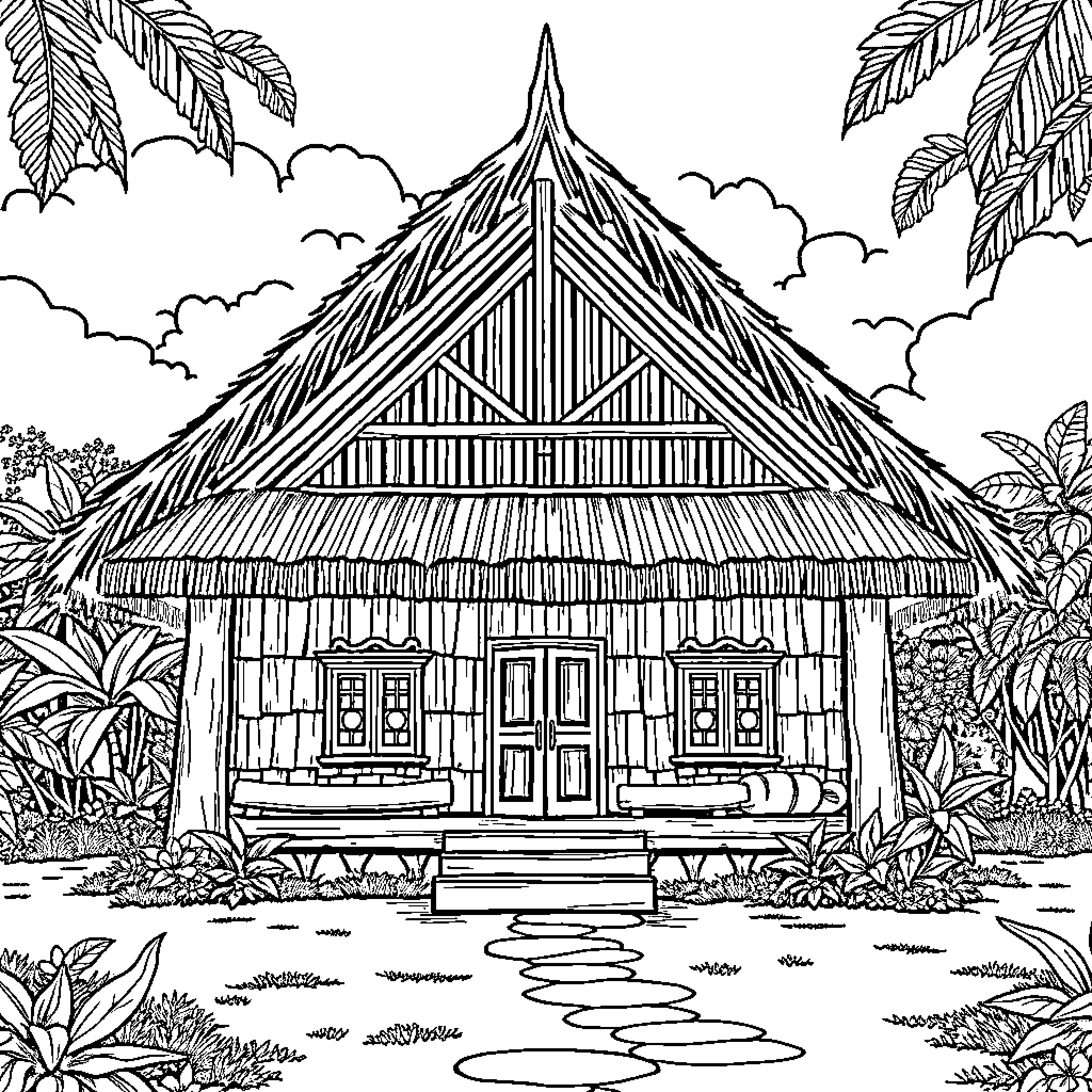 Bai Traditional Hut in Lush Tropical Landscape Coloring Page (free black-and-white line drawing printable PDF for all, from beginners to advanced learners, including children, teens, adults, and seniors)