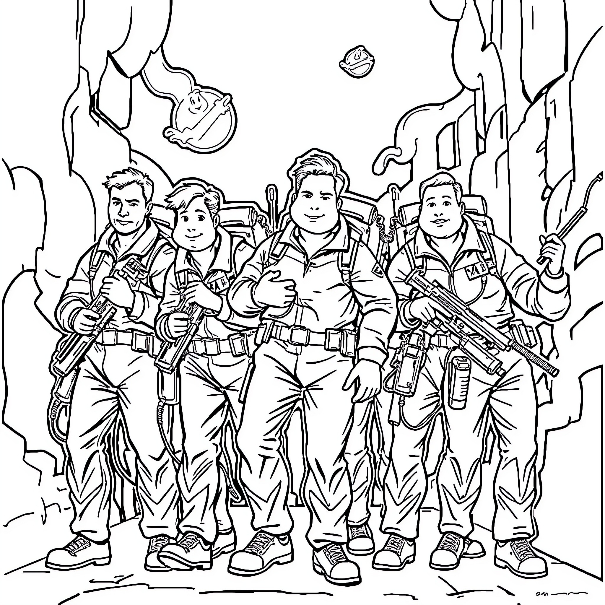 Ghostbusters team in action against paranormal forces Coloring Page (free black-and-white line drawing printable PDF for all, from beginners to advanced learners, including children, teens, adults, and seniors)