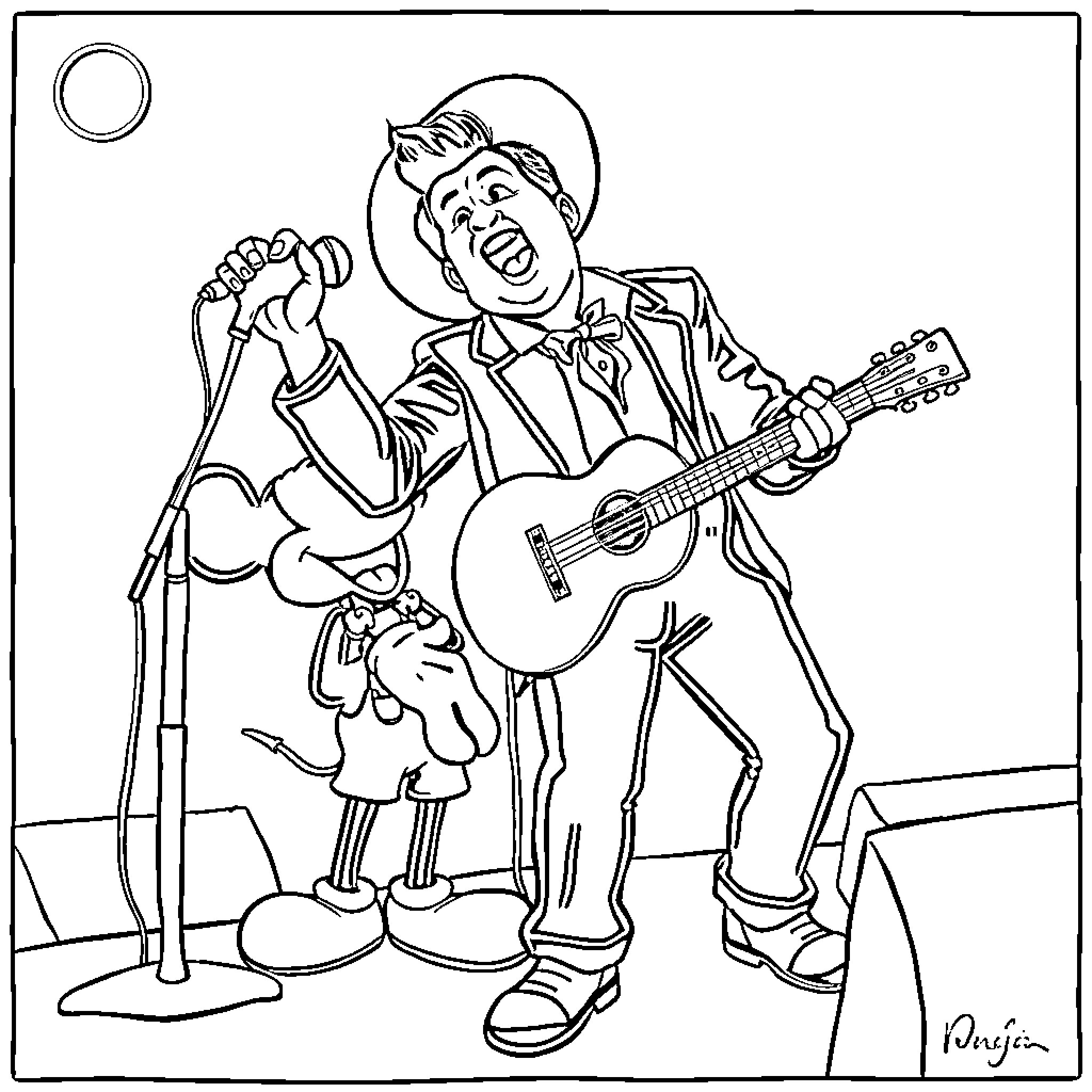 Chalino Sánchez singing and playing guitar on stage Coloring Page (free black-and-white line drawing printable PDF for all, from beginners to advanced learners, including children, teens, adults, and seniors)