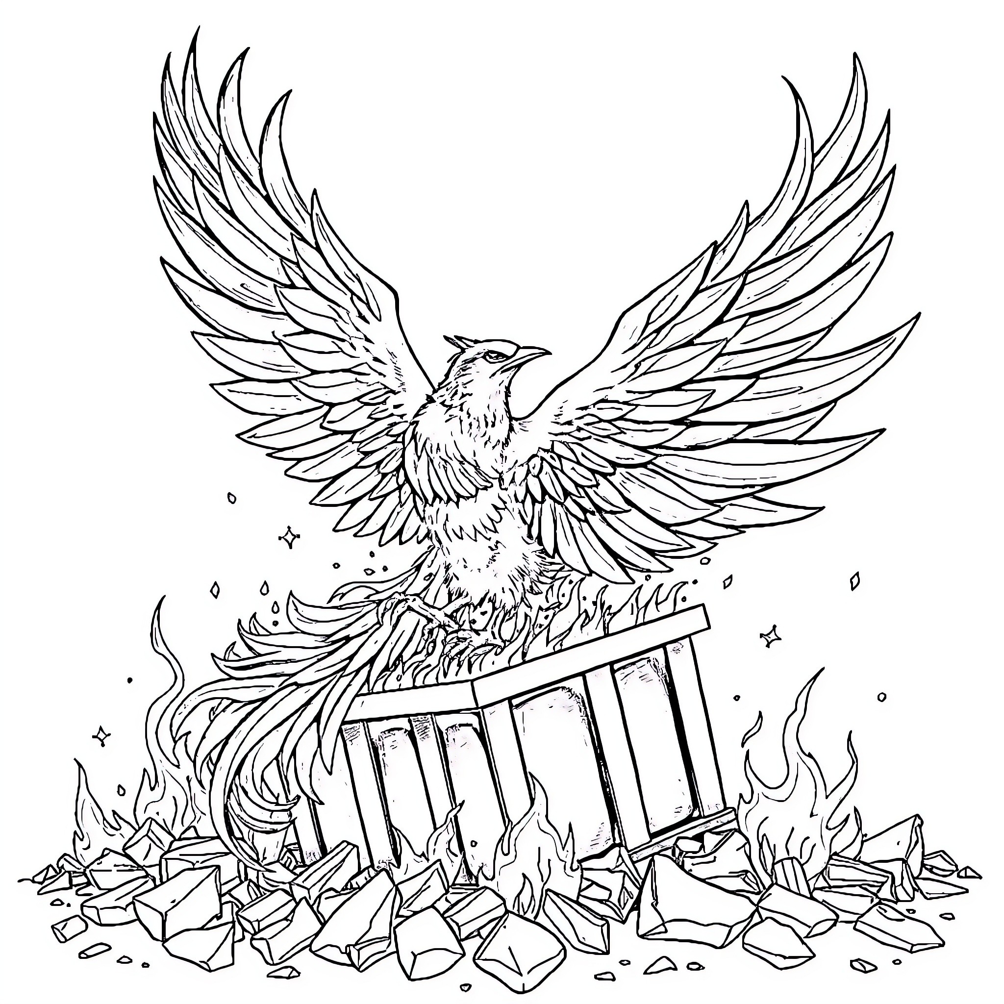 Phoenix rising from the ashes Coloring Page (free black-and-white line drawing printable PDF for all, from beginners to advanced learners, including children, teens, adults, and seniors)
