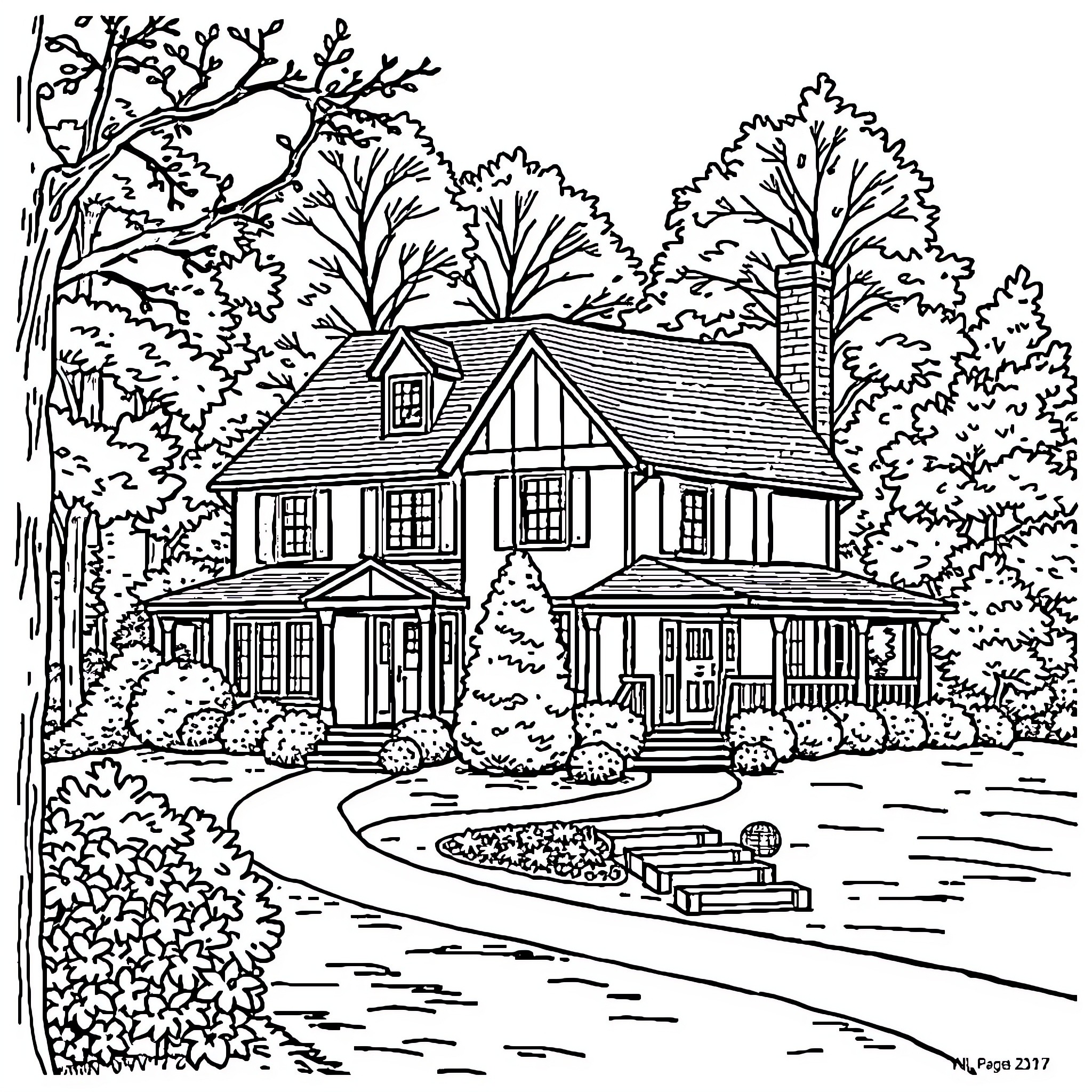Cook's Cozy Cottage in the Woods Coloring Page (free black-and-white line drawing printable PDF for all, from beginners to advanced learners, including children, teens, adults, and seniors)