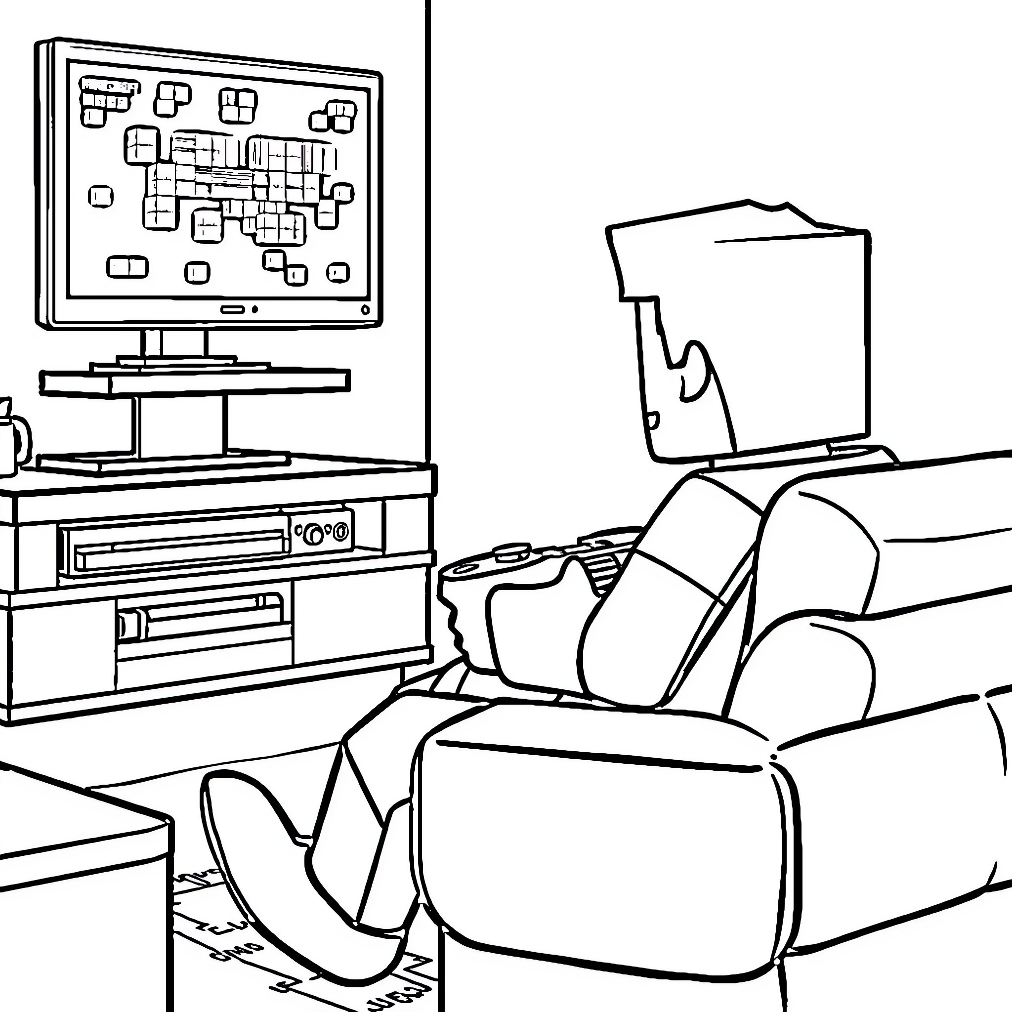 Steve's gaming session on the couch Coloring Page (free black-and-white line drawing printable PDF for all, from beginners to advanced learners, including children, teens, adults, and seniors)