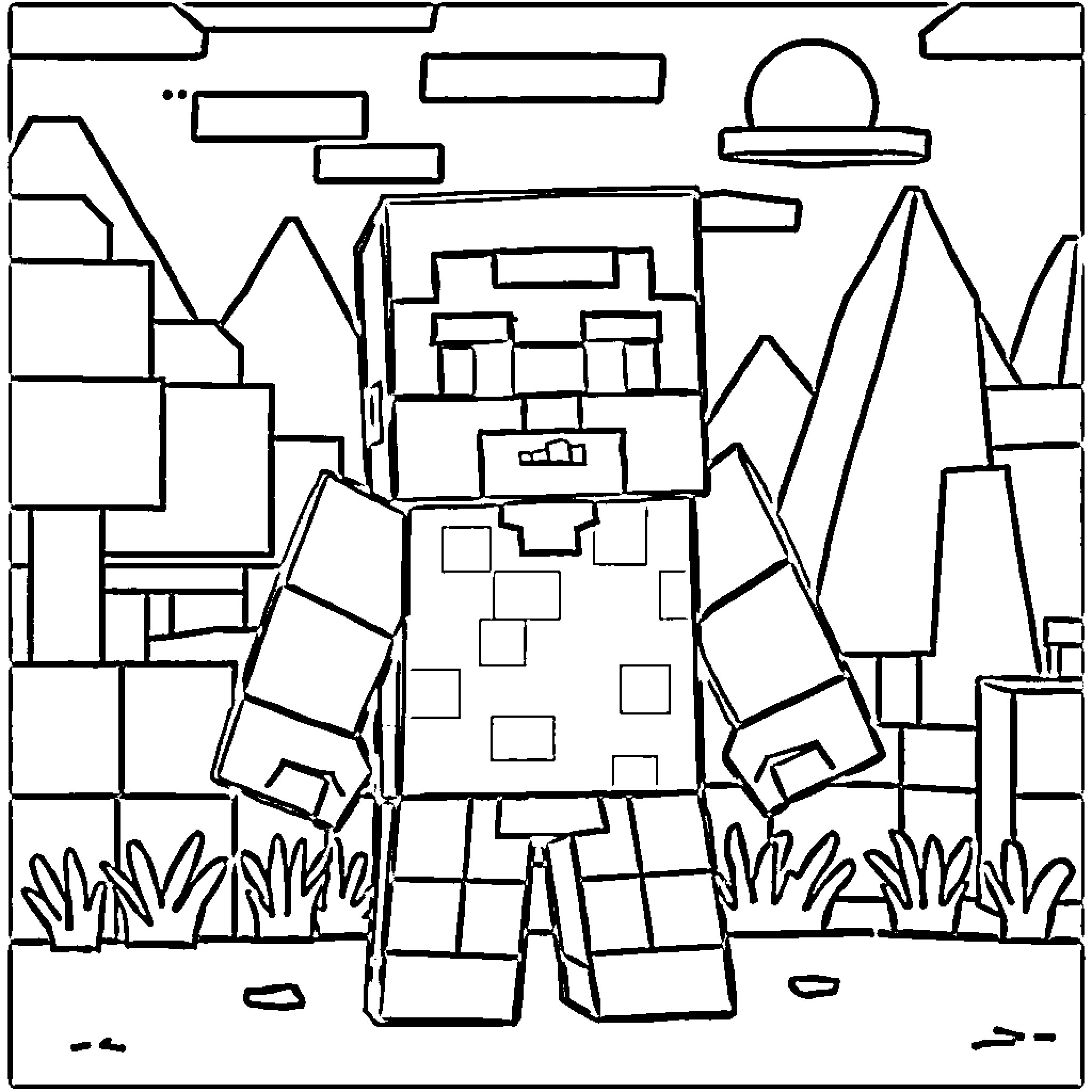 Steve exploring the blocky landscape Coloring Page (free black-and-white line drawing printable PDF for all, from beginners to advanced learners, including children, teens, adults, and seniors)