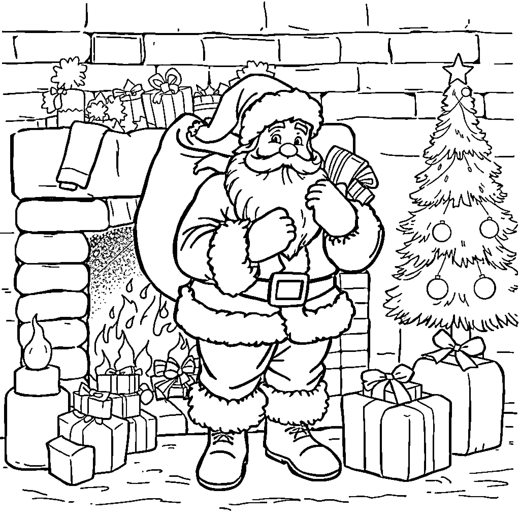 Santa Claus delivering presents near a Christmas tree Coloring Page (free black-and-white line drawing printable PDF for all, from beginners to advanced learners, including children, teens, adults, and seniors)