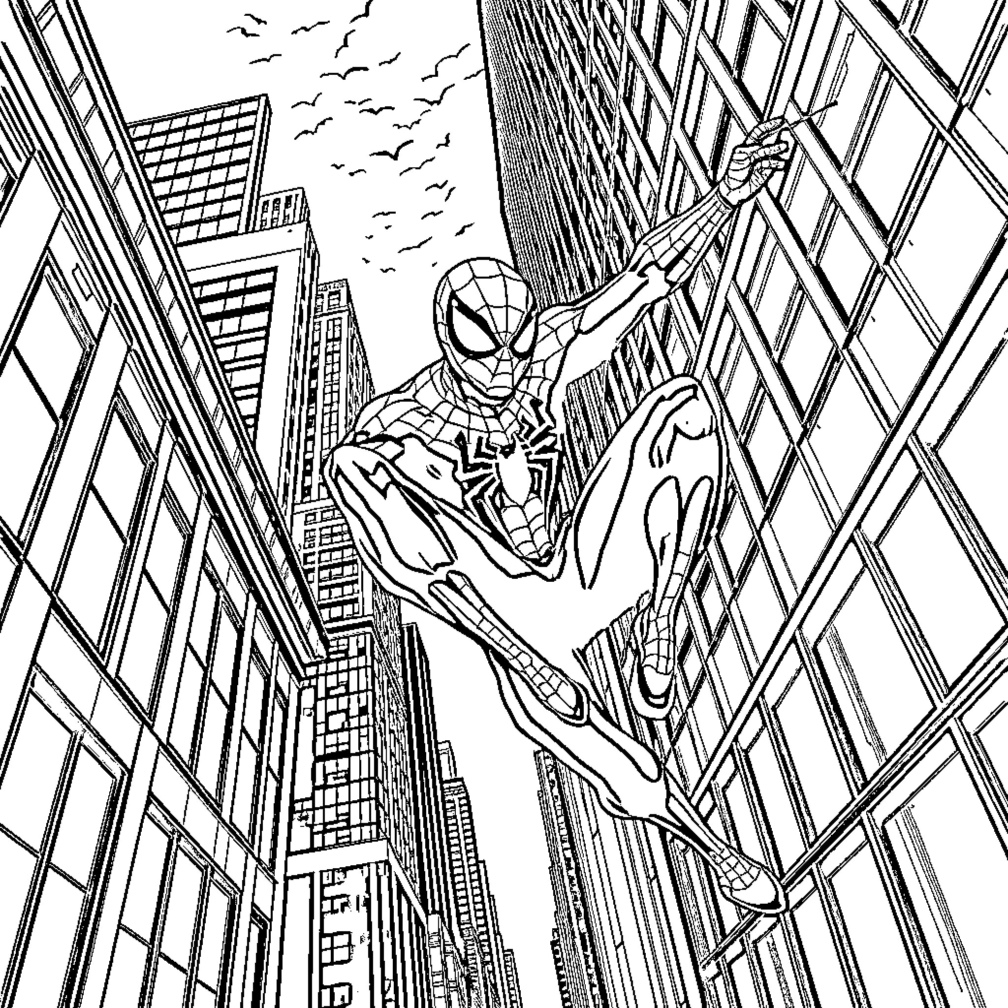 Spiderman swinging through the city skyline Coloring Page (free black-and-white line drawing printable PDF for all, from beginners to advanced learners, including children, teens, adults, and seniors)