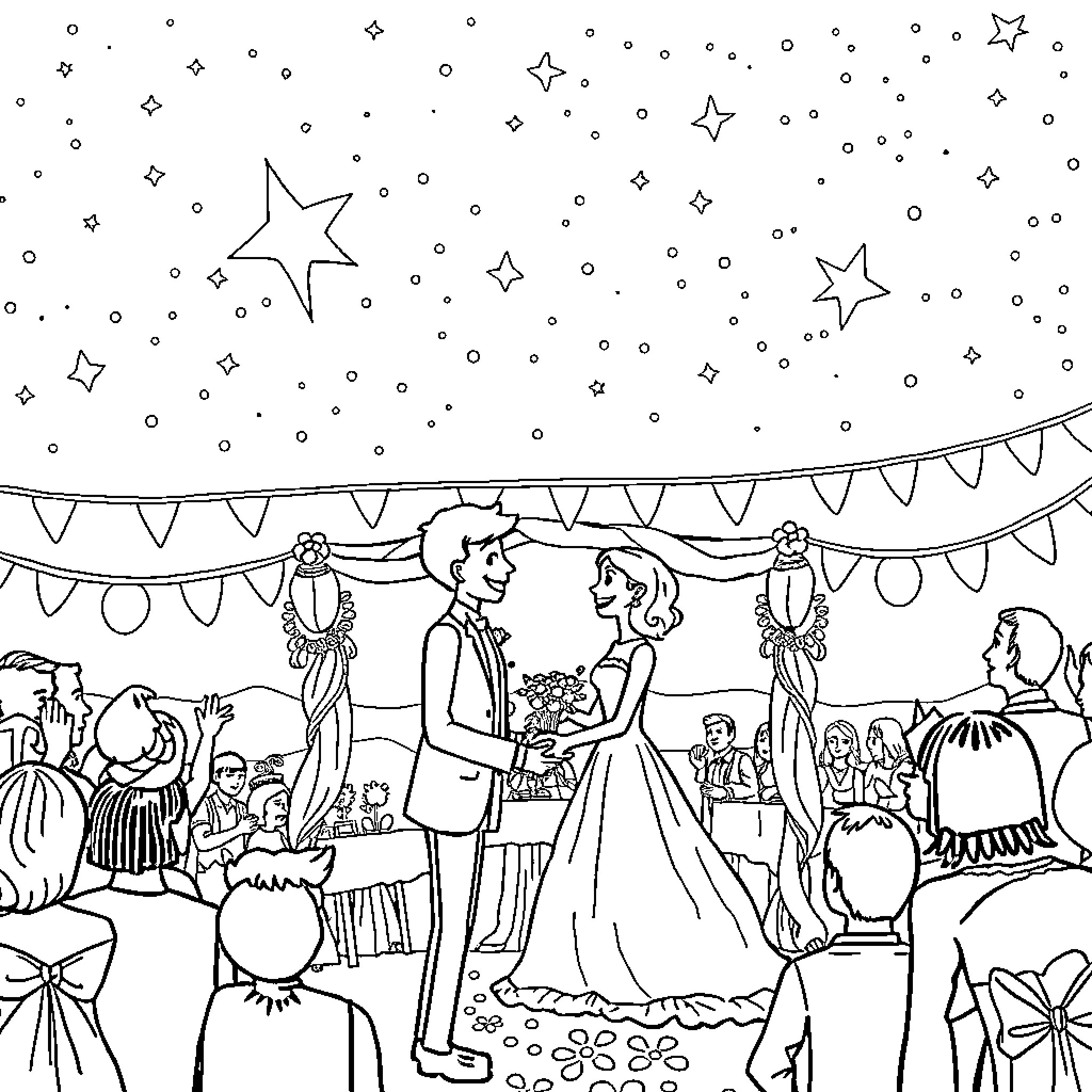Jack and Sally's Starry Night Wedding Celebration Coloring Page (free black-and-white line drawing printable PDF for all, from beginners to advanced learners, including children, teens, adults, and seniors)
