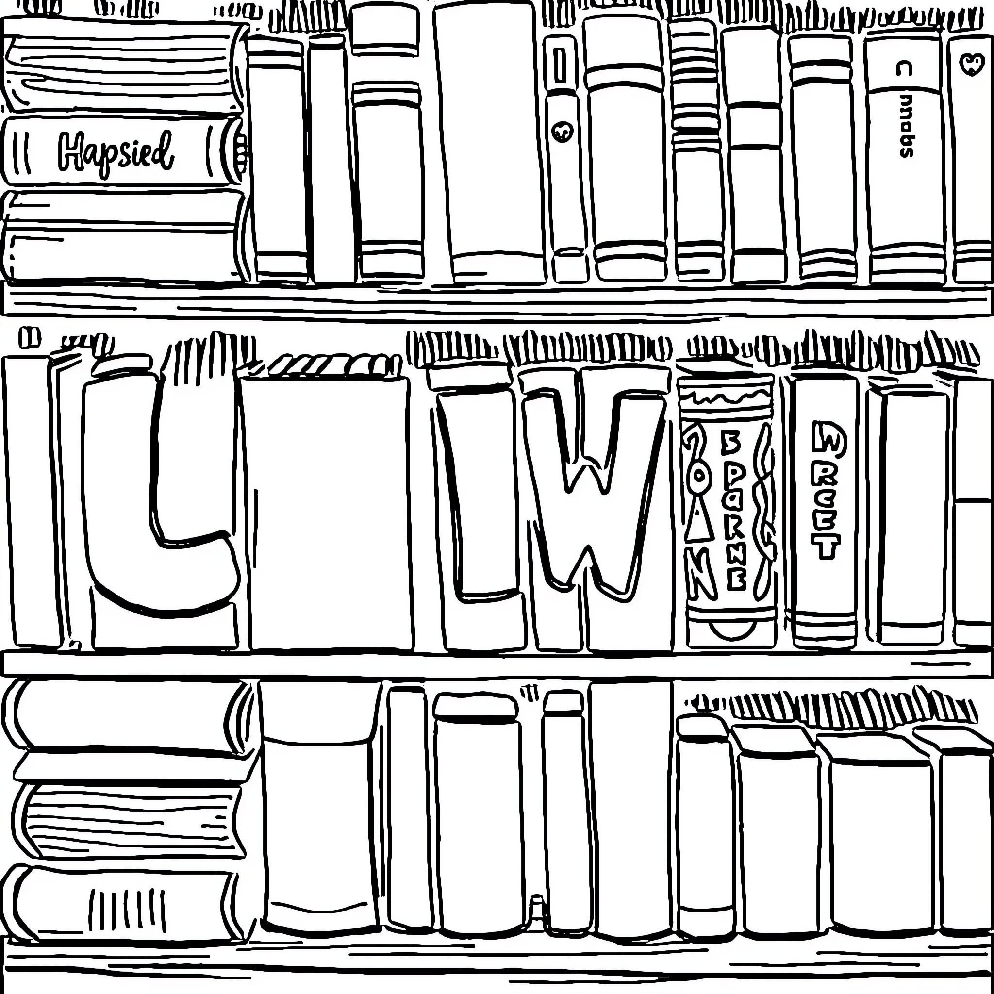 Word Bookcase with Diverse Book Spines Coloring Page (free black-and-white line drawing printable PDF for all, from beginners to advanced learners, including children, teens, adults, and seniors)
