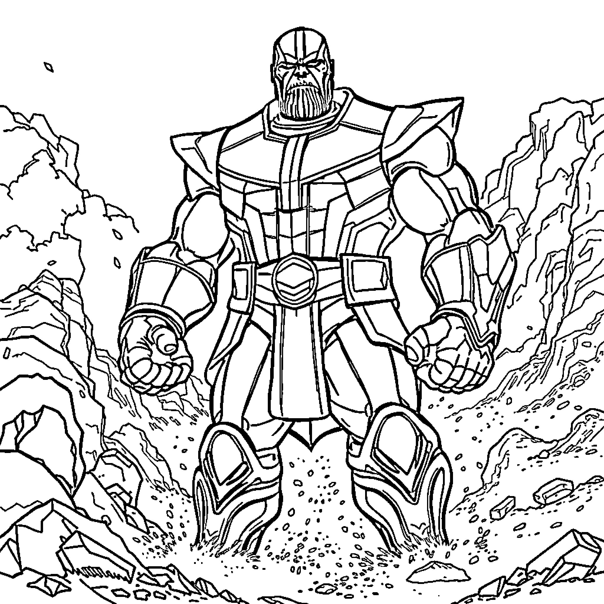Thanos wielding Infinity Gauntlet in a desolate landscape Coloring Page (free black-and-white line drawing printable PDF for all, from beginners to advanced learners, including children, teens, adults, and seniors)