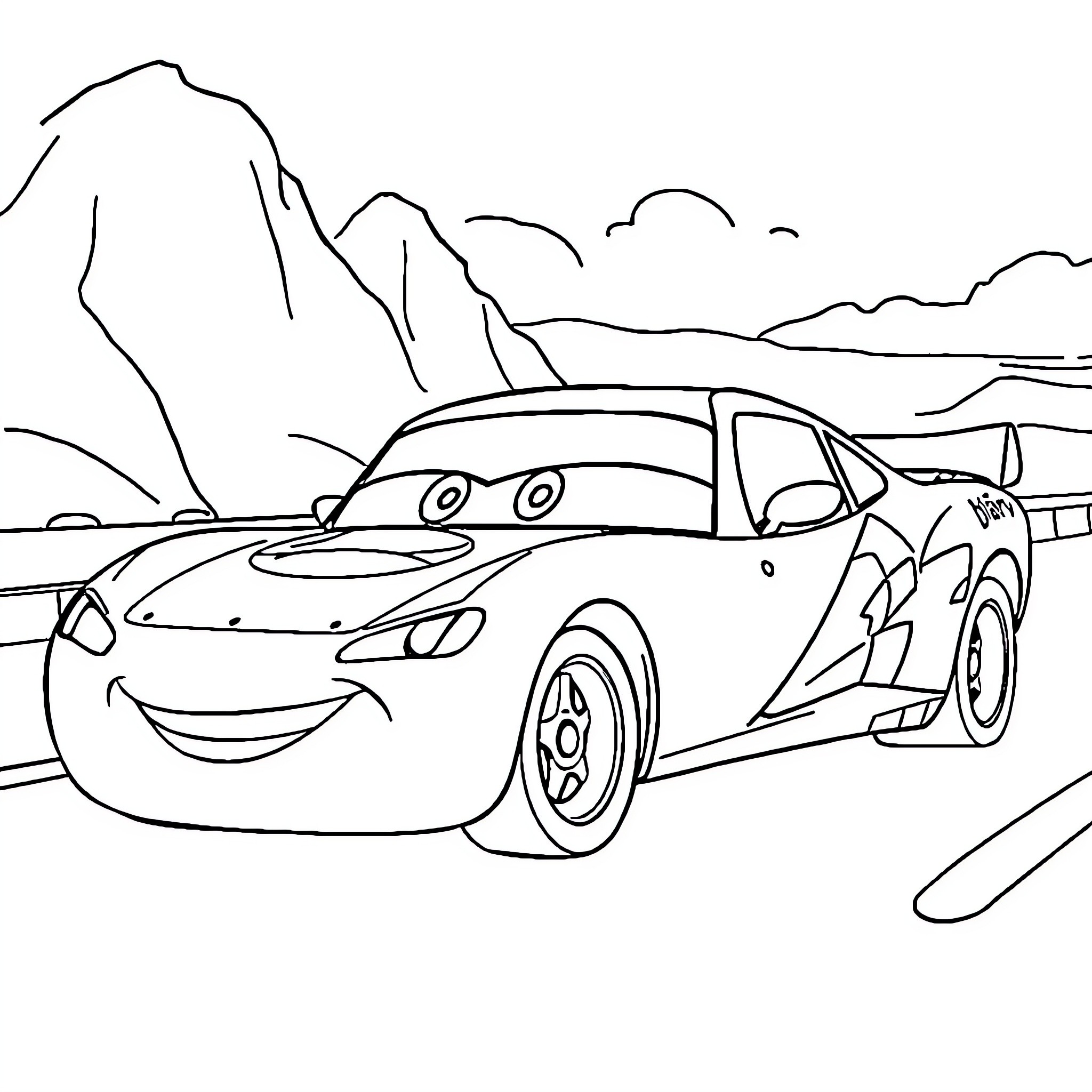 Car racing on a winding mountain road Coloring Page (free black-and-white line drawing printable PDF for all, from beginners to advanced learners, including children, teens, adults, and seniors)