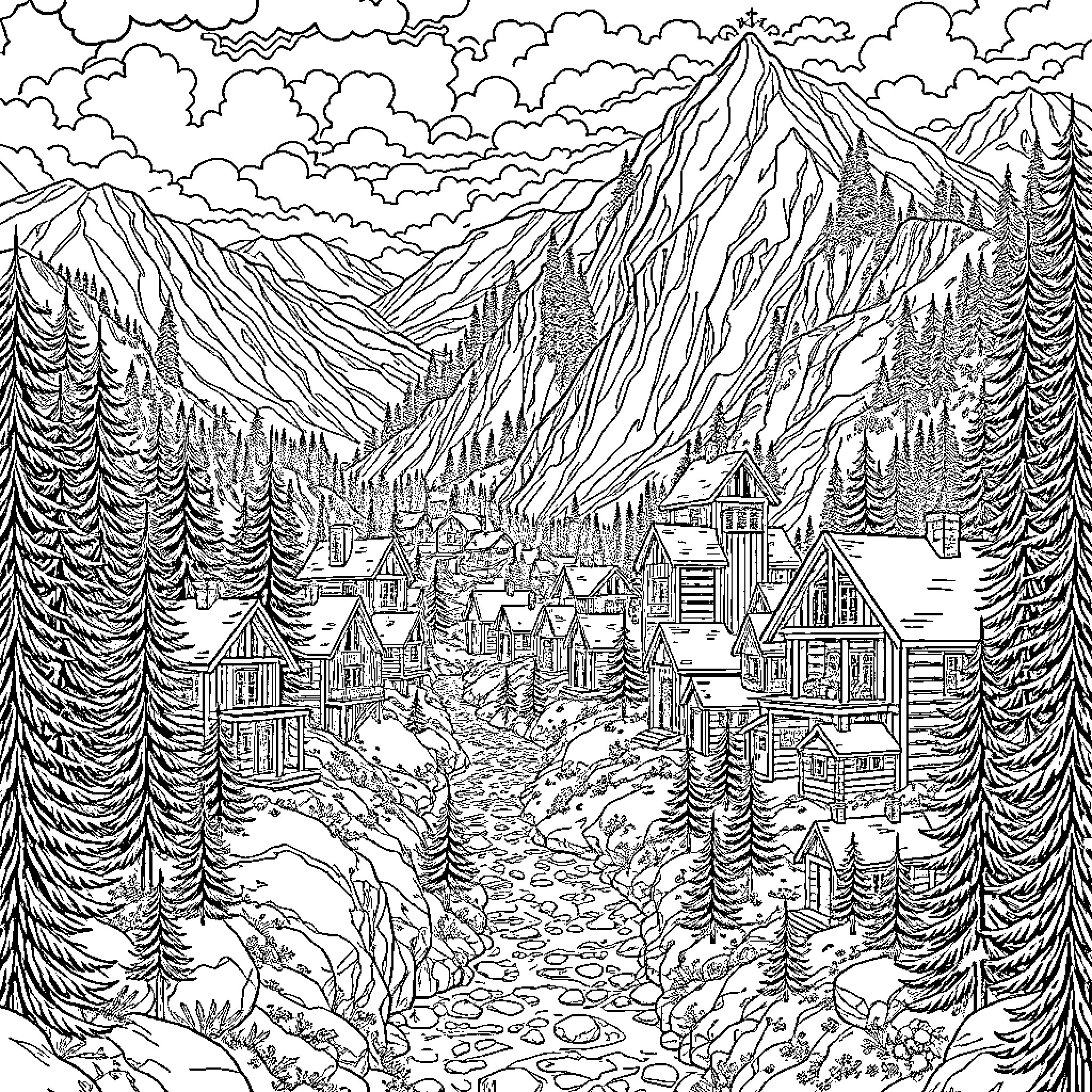 Cabin in the Snowy Mountain Landscape Coloring Page (free black-and-white line drawing printable PDF for all, from beginners to advanced learners, including children, teens, adults, and seniors)