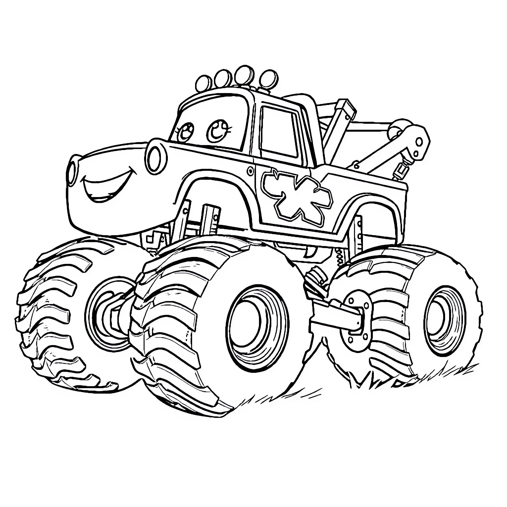 Monster Truck Cartoon with Cheerful Expression Coloring Page (free black-and-white line drawing printable PDF for all, from beginners to advanced learners, including children, teens, adults, and seniors)