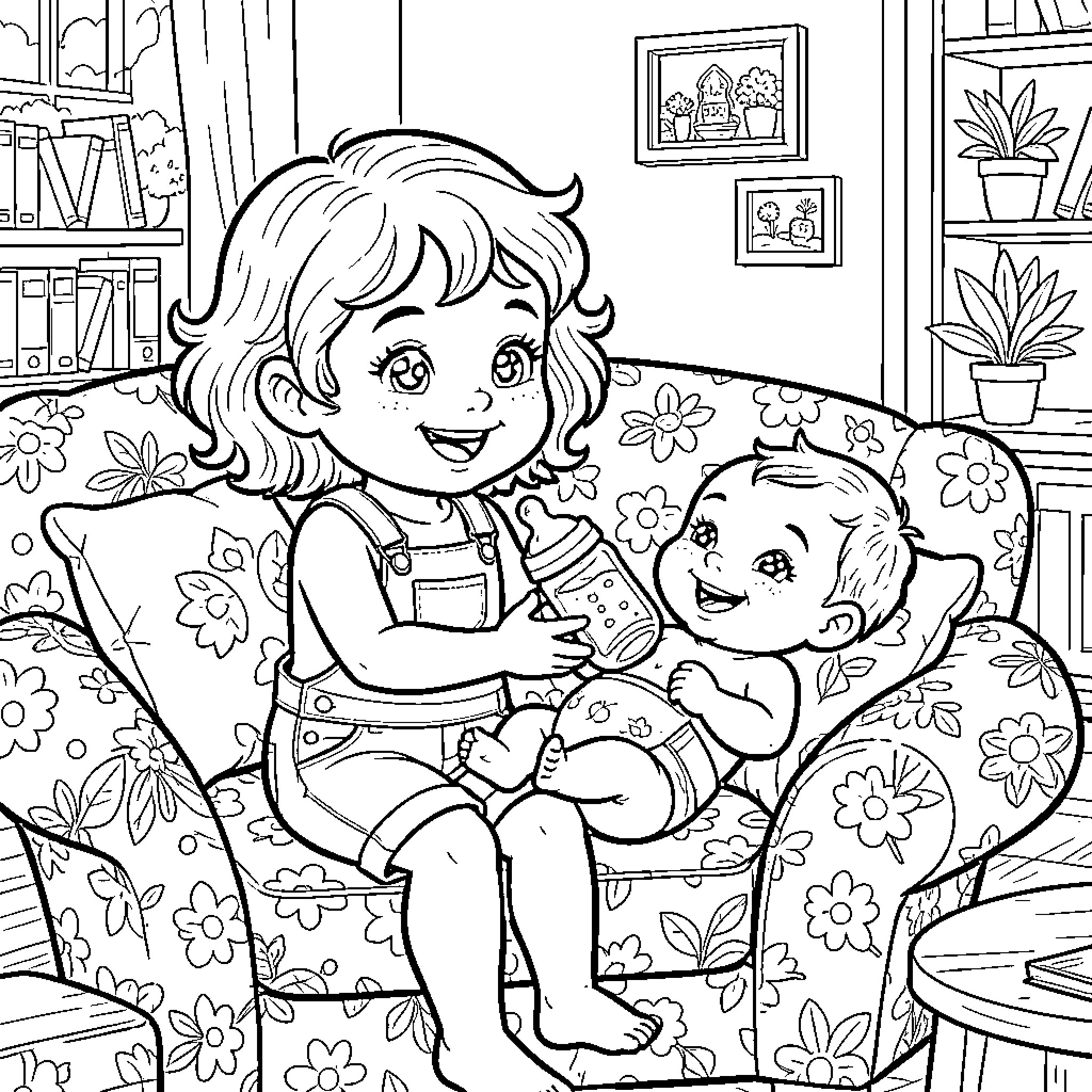 Nina's Fun Playtime with Baby Coloring Page (free black-and-white line drawing printable PDF for all, from beginners to advanced learners, including children, teens, adults, and seniors)