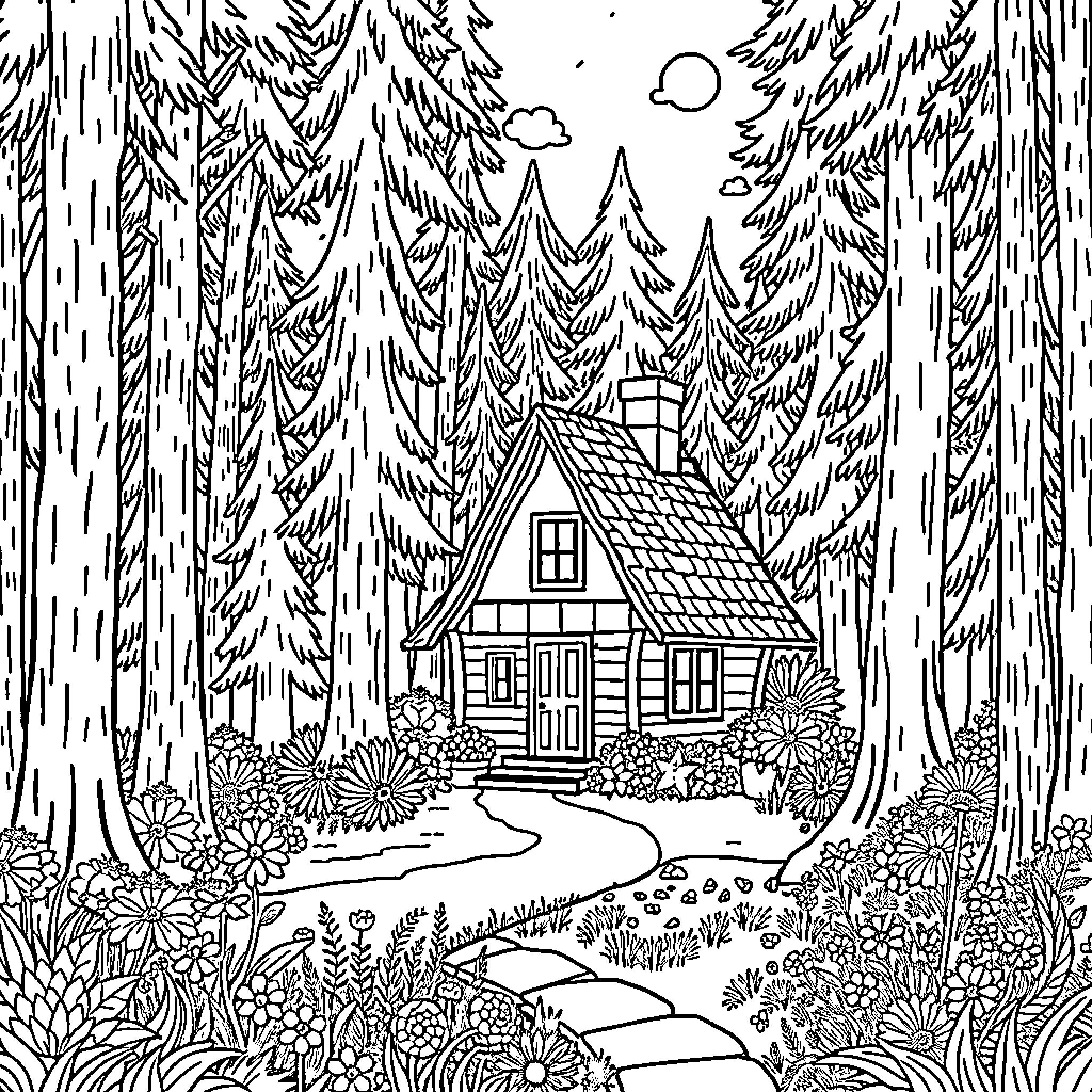 Cottage surrounded by a lush forest landscape Coloring Page (free black-and-white line drawing printable PDF for all, from beginners to advanced learners, including children, teens, adults, and seniors)