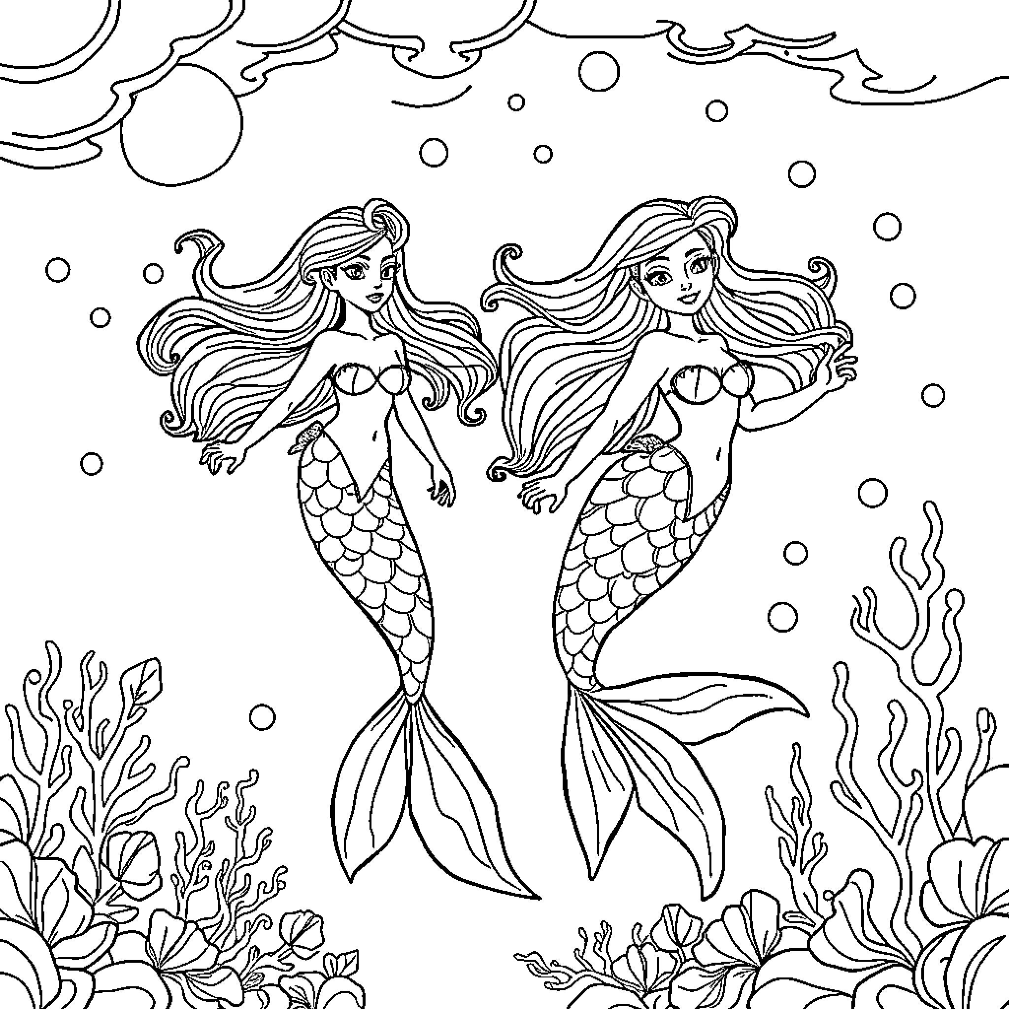 Mermaid sisters swimming gracefully in the underwater world Coloring Page (free black-and-white line drawing printable PDF for all, from beginners to advanced learners, including children, teens, adults, and seniors)