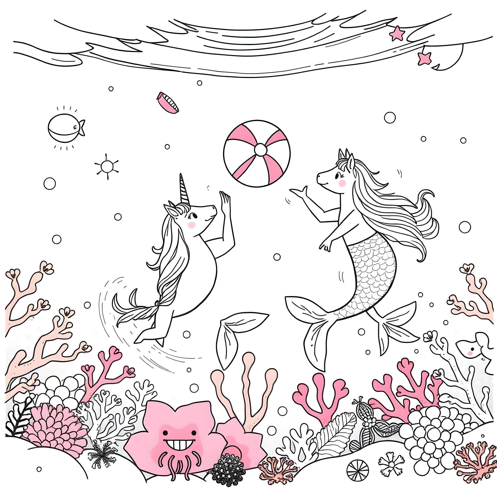Unicorn Mermaids Playing in the Underwater Wonderland Coloring Page (free black-and-white line drawing printable PDF for all, from beginners to advanced learners, including children, teens, adults, and seniors)