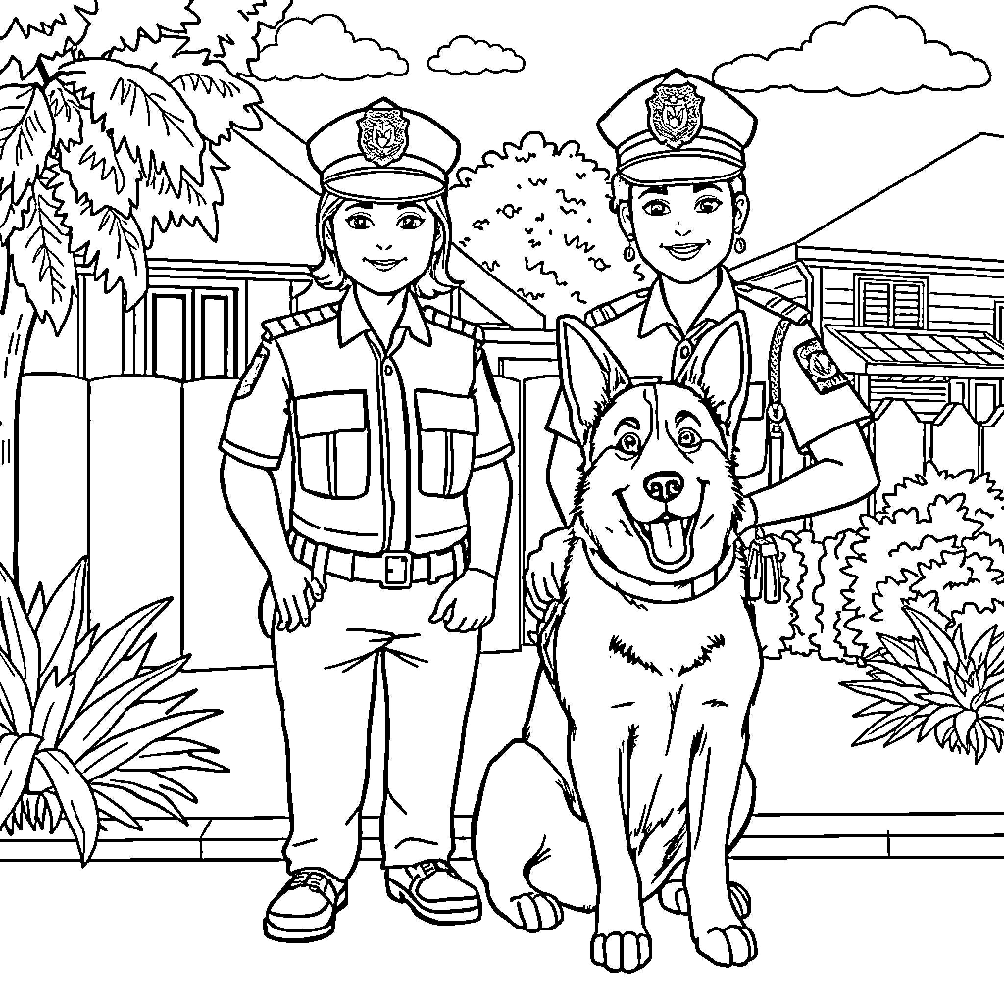 Police Dog and Officers in Uniform Coloring Page (free black-and-white line drawing printable PDF for all, from beginners to advanced learners, including children, teens, adults, and seniors)