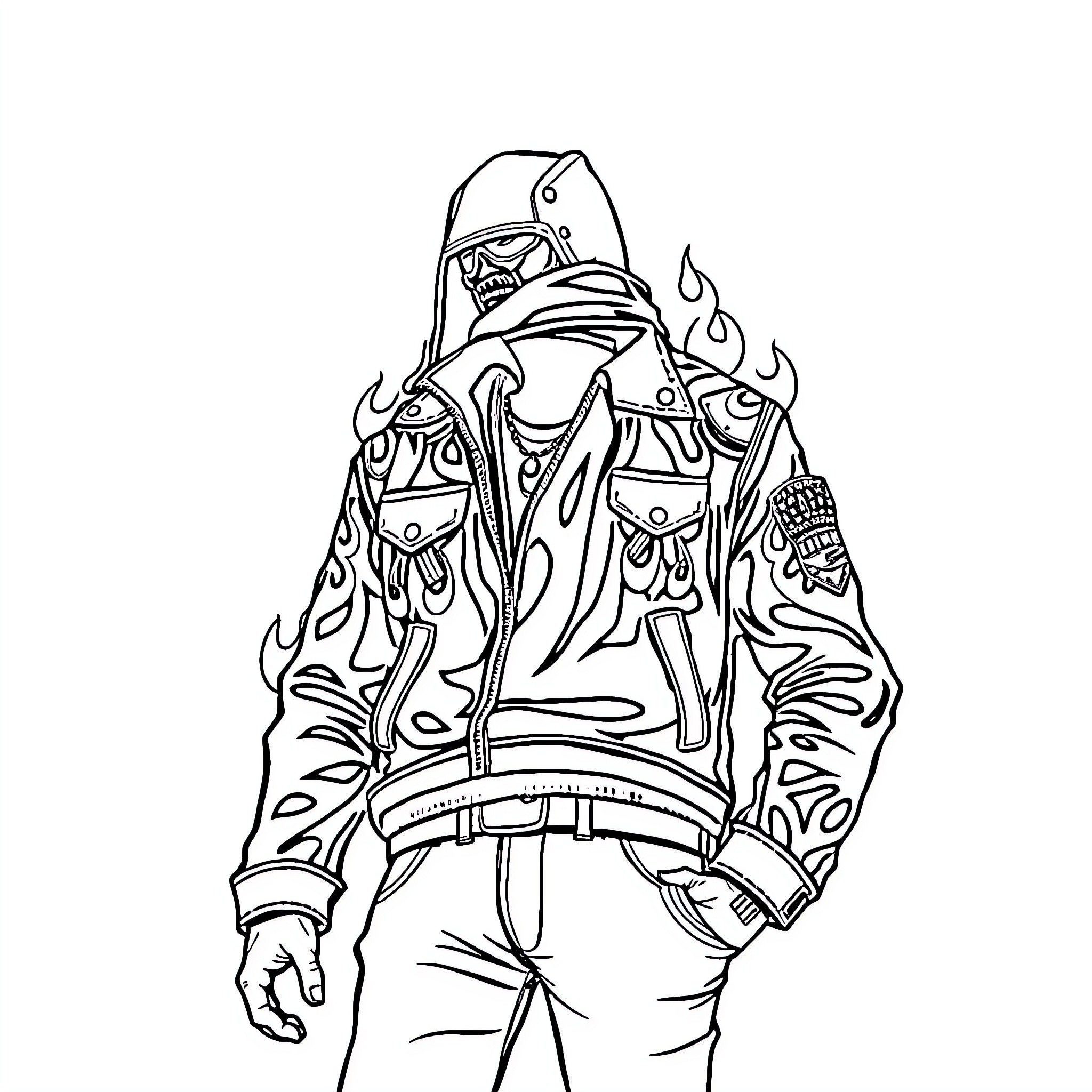 Biker dressed in stylized and intricate attire Coloring Page (free black-and-white line drawing printable PDF for all, from beginners to advanced learners, including children, teens, adults, and seniors)