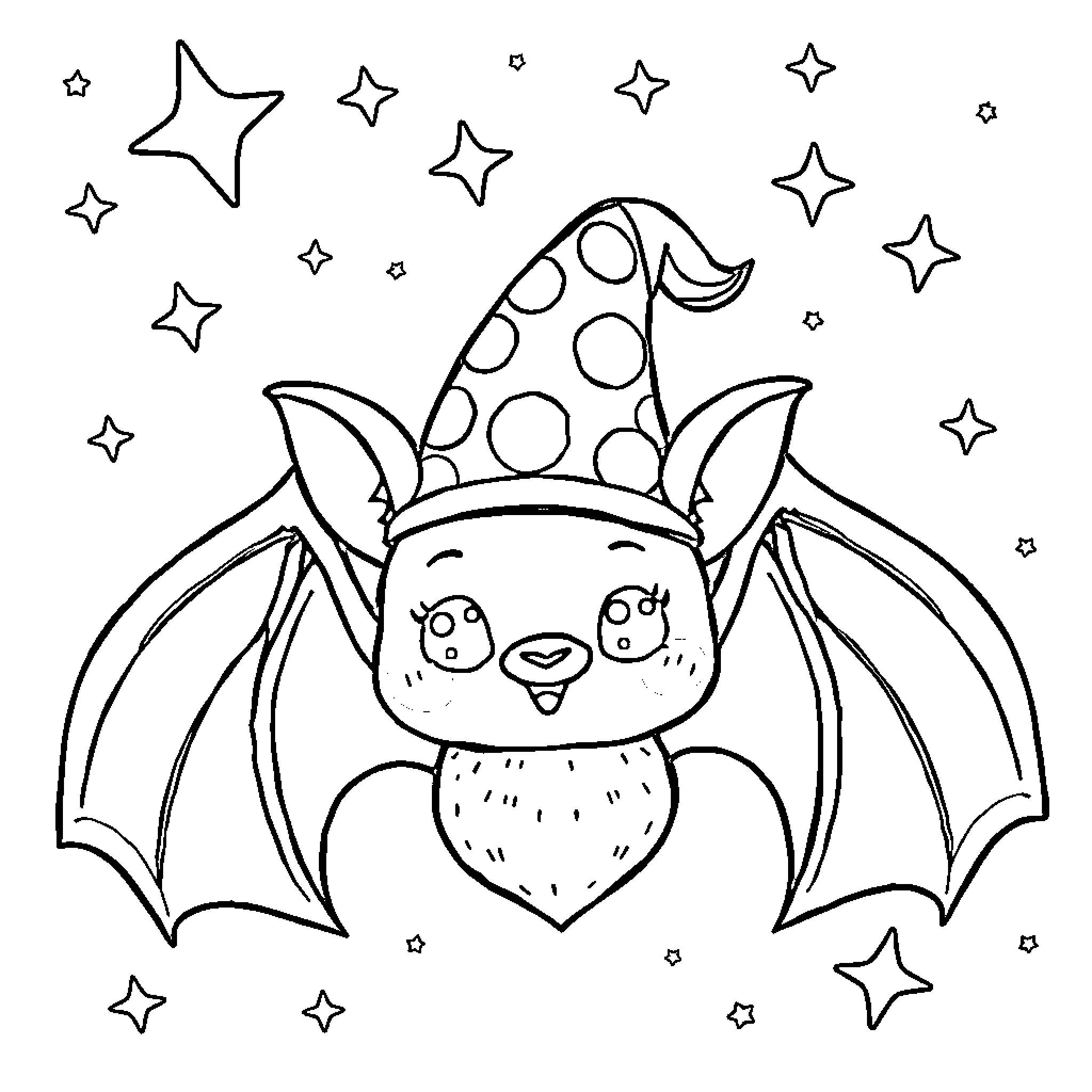 Bat with polka dot hat playing among stars Coloring Page (free black-and-white line drawing printable PDF for all, from beginners to advanced learners, including children, teens, adults, and seniors)