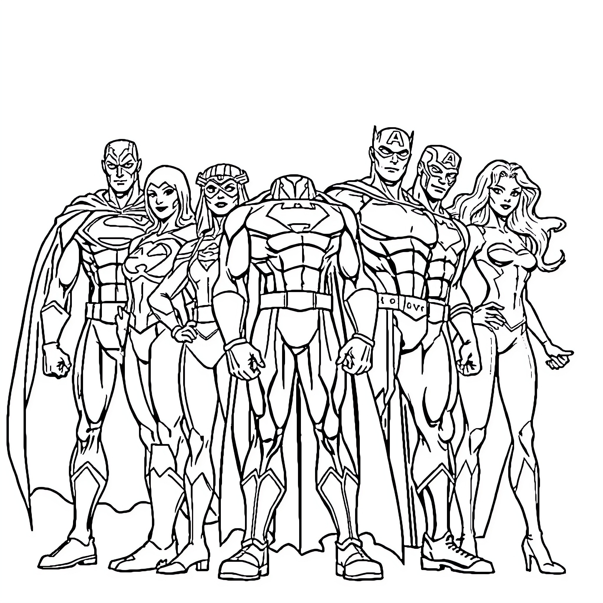 Superhero Team Posing with Confident Expressions Coloring Page (free black-and-white line drawing printable PDF for all, from beginners to advanced learners, including children, teens, adults, and seniors)