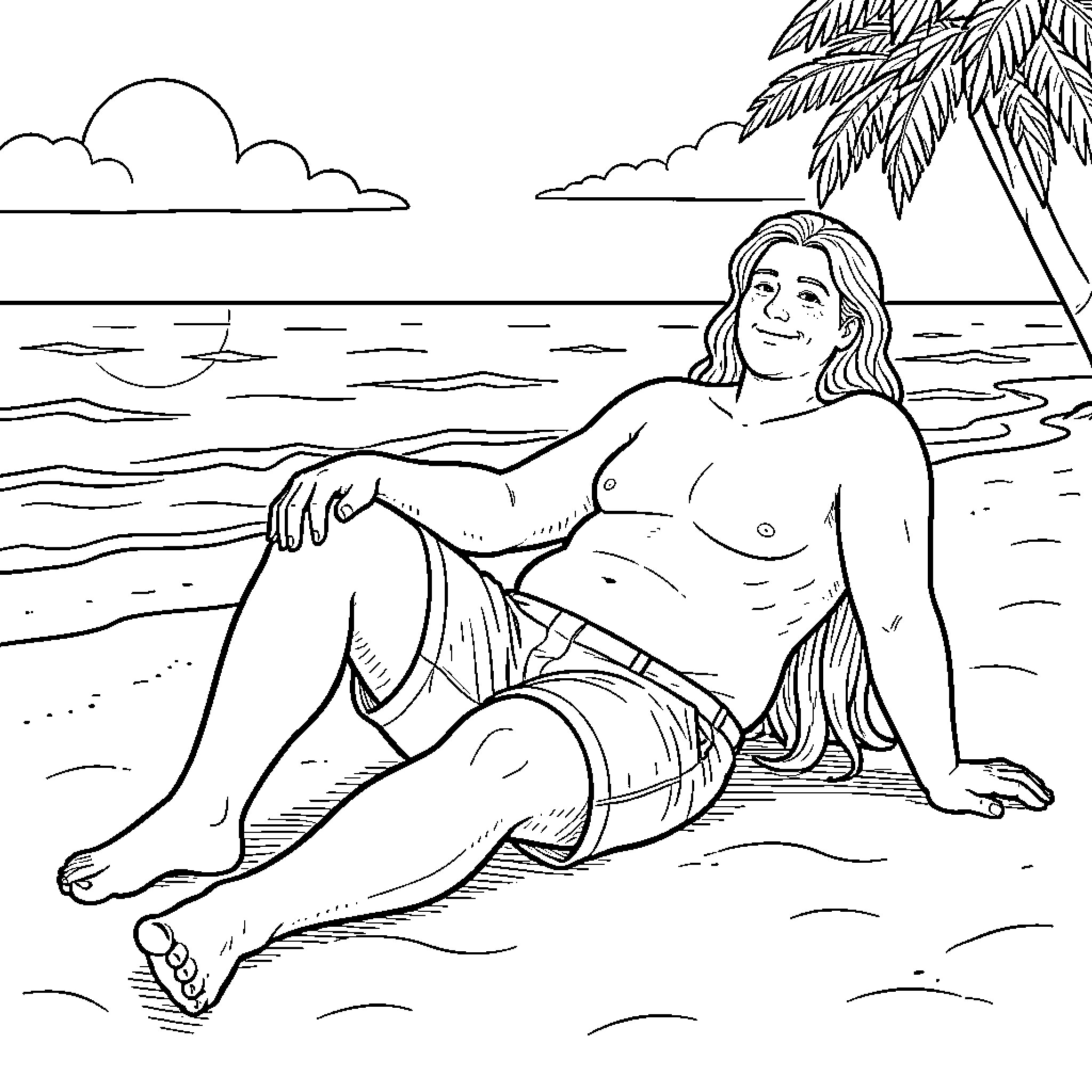 Fat man relaxing on the beach under palm trees Coloring Page (free black-and-white line drawing printable PDF for all, from beginners to advanced learners, including children, teens, adults, and seniors)