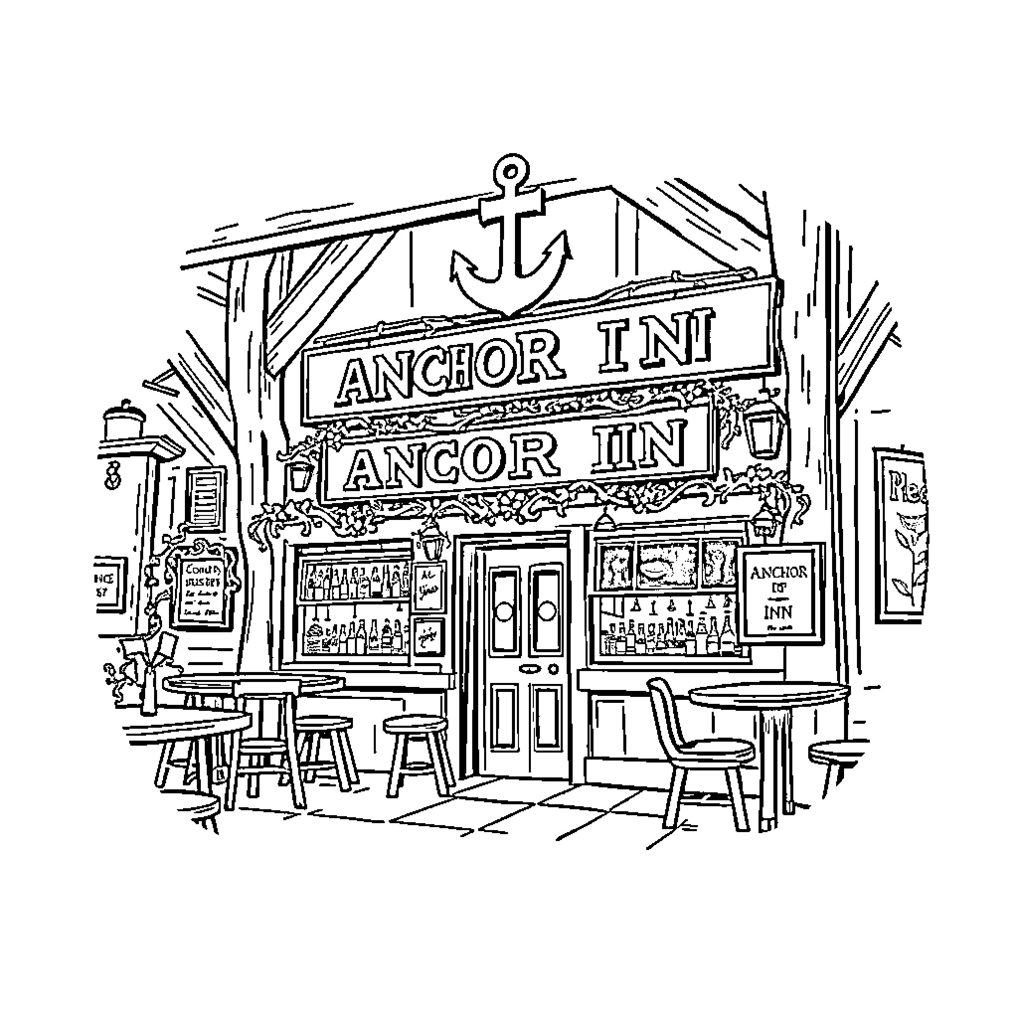 Pub with Anchor Inn Sign and Outdoor Seating Coloring Page (free black-and-white line drawing printable PDF for all, from beginners to advanced learners, including children, teens, adults, and seniors)