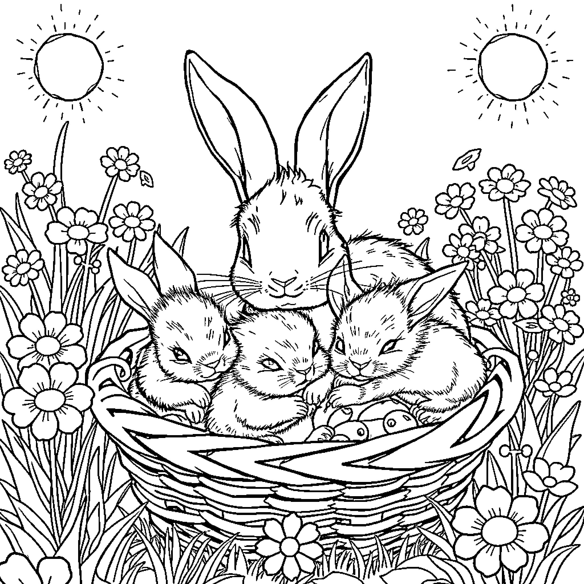 Bunnies resting peacefully in a flower-filled basket Coloring Page (free black-and-white line drawing printable PDF for all, from beginners to advanced learners, including children, teens, adults, and seniors)