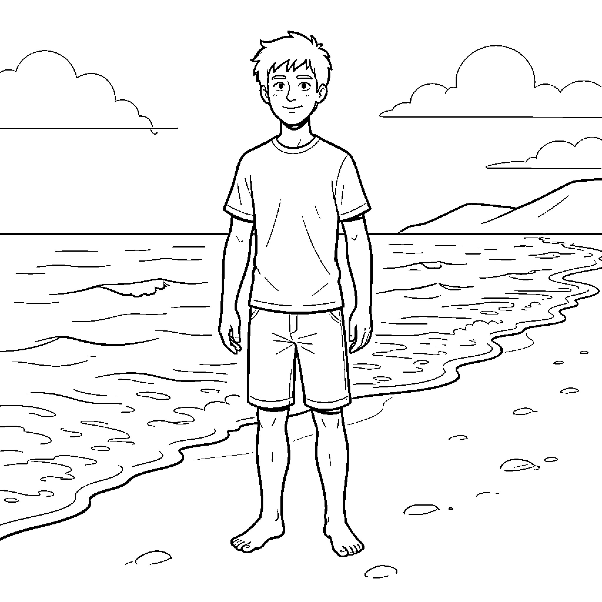 Ben Azelart on the beach Coloring Page (free black-and-white line drawing printable PDF for all, from beginners to advanced learners, including children, teens, adults, and seniors)