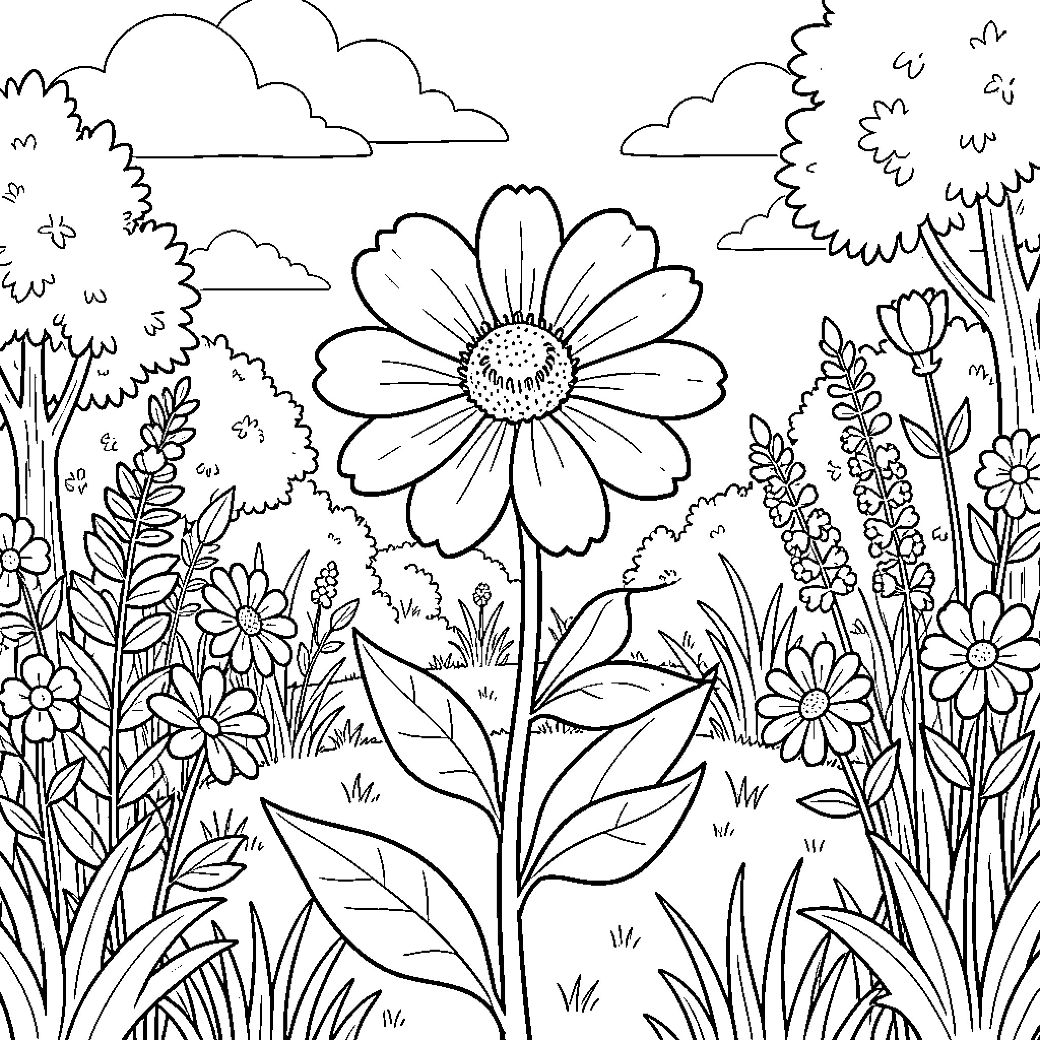 Flower blooming amidst a lush meadow and trees Coloring Page (free black-and-white line drawing printable PDF for all, from beginners to advanced learners, including children, teens, adults, and seniors)