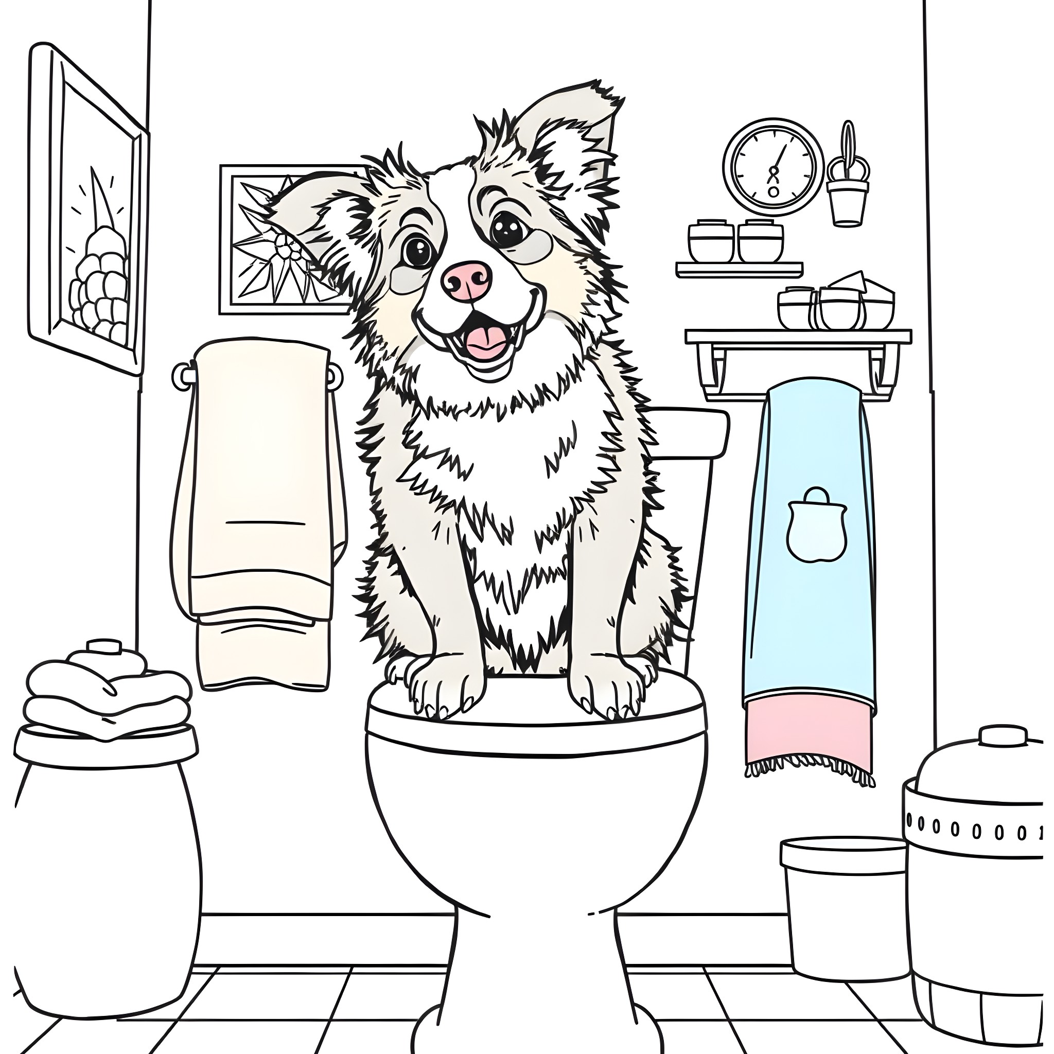 Australian Shepherd puppy playing in the bathroom Coloring Page (free black-and-white line drawing printable PDF for all, from beginners to advanced learners, including children, teens, adults, and seniors)