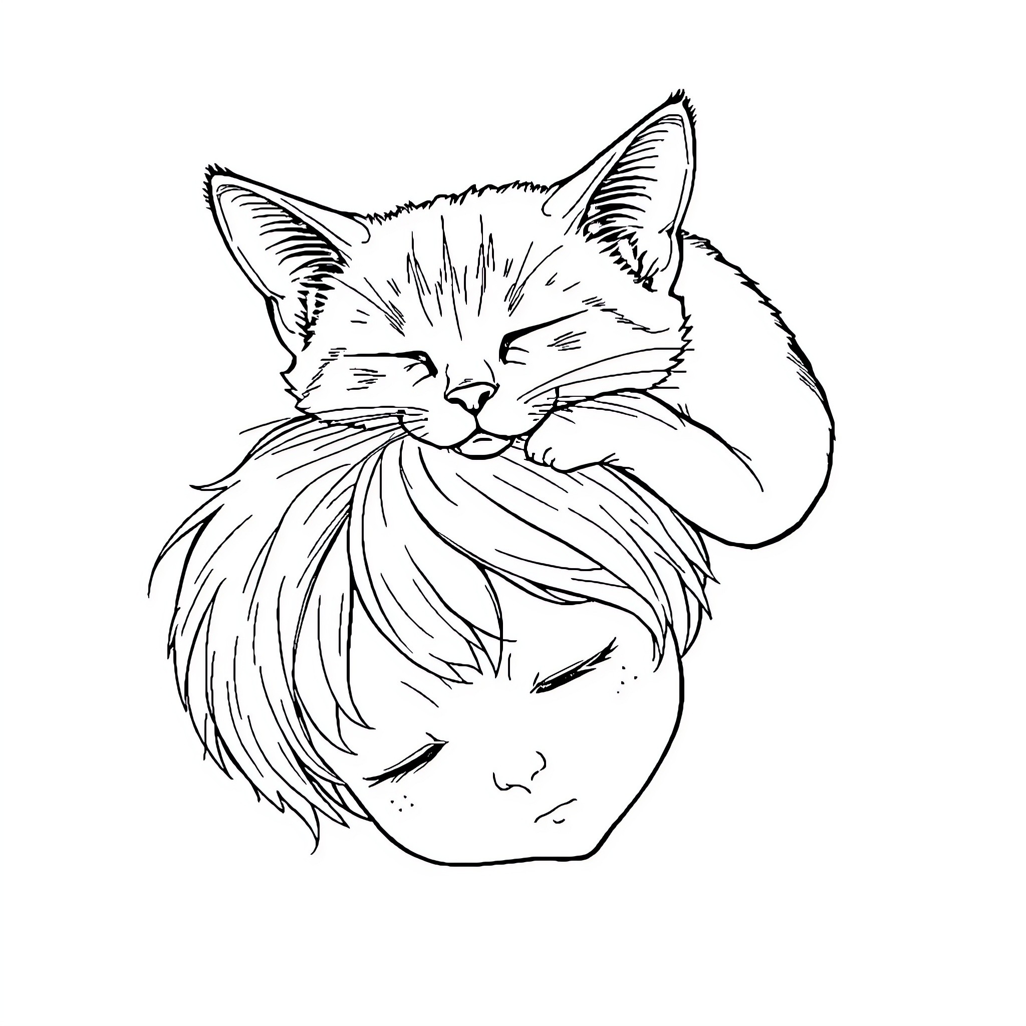 Cat resting peacefully in a cozy embrace Coloring Page (free black-and-white line drawing printable PDF for all, from beginners to advanced learners, including children, teens, adults, and seniors)
