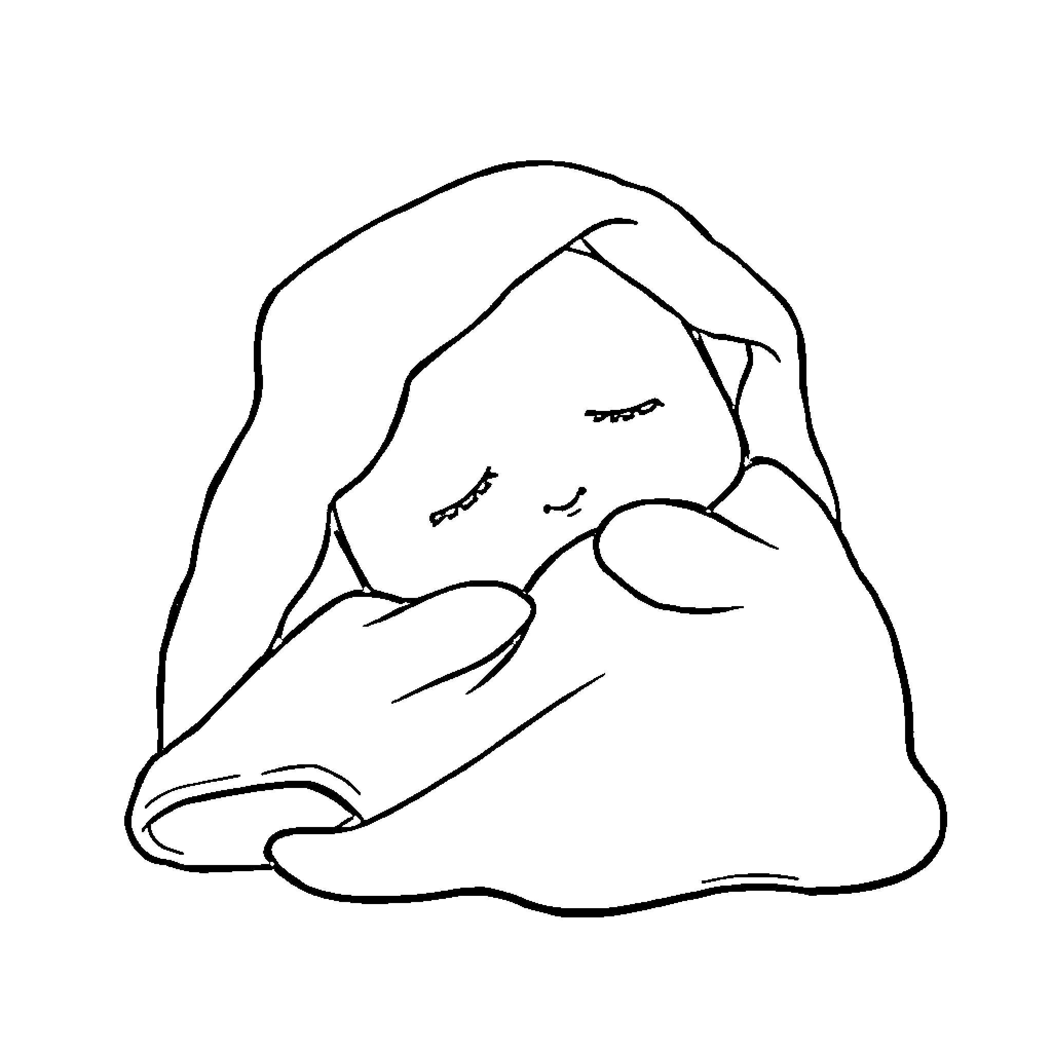 Ghost sleeping peacefully in a hand Coloring Page (free black-and-white line drawing printable PDF for all, from beginners to advanced learners, including children, teens, adults, and seniors)