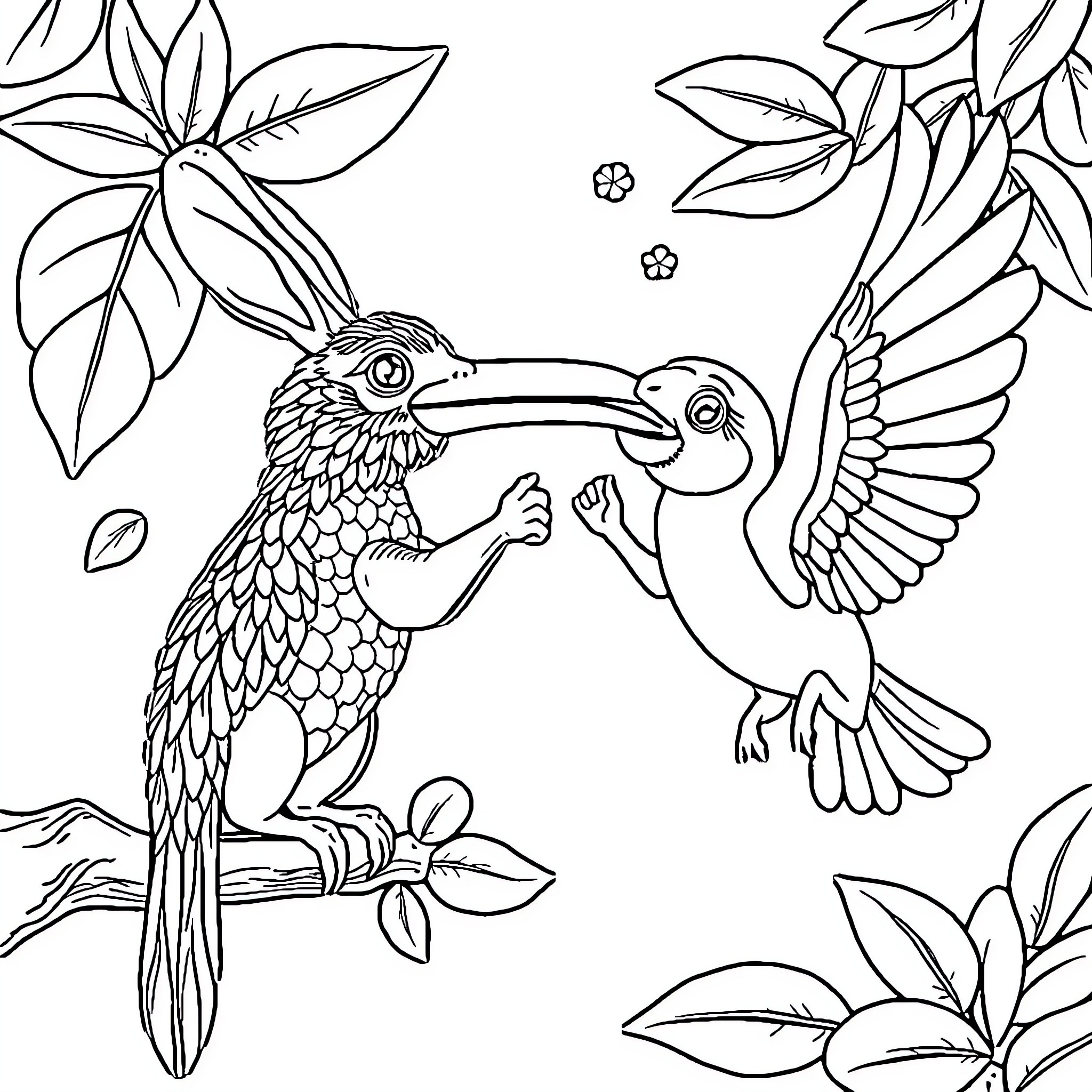 Frog-like creatures in tropical foliage Coloring Page (free black-and-white line drawing printable PDF for all, from beginners to advanced learners, including children, teens, adults, and seniors)