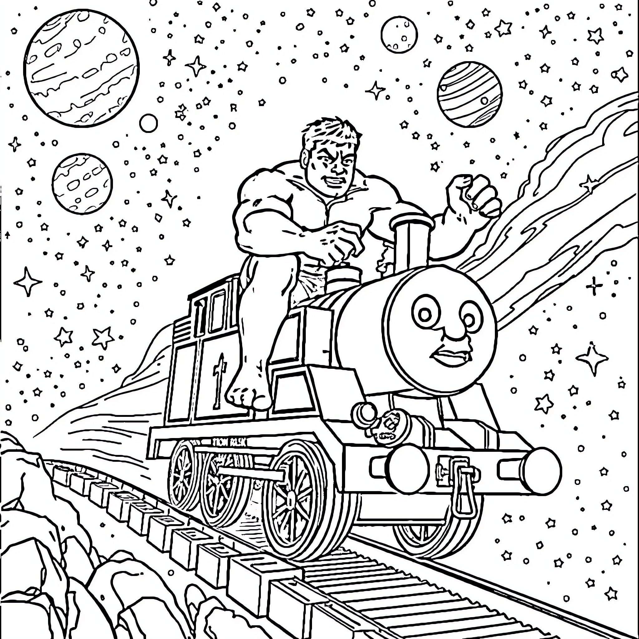 Hulk Takes a Cosmic Train Ride Through the Stars Coloring Page (free black-and-white line drawing printable PDF for all, from beginners to advanced learners, including children, teens, adults, and seniors)
