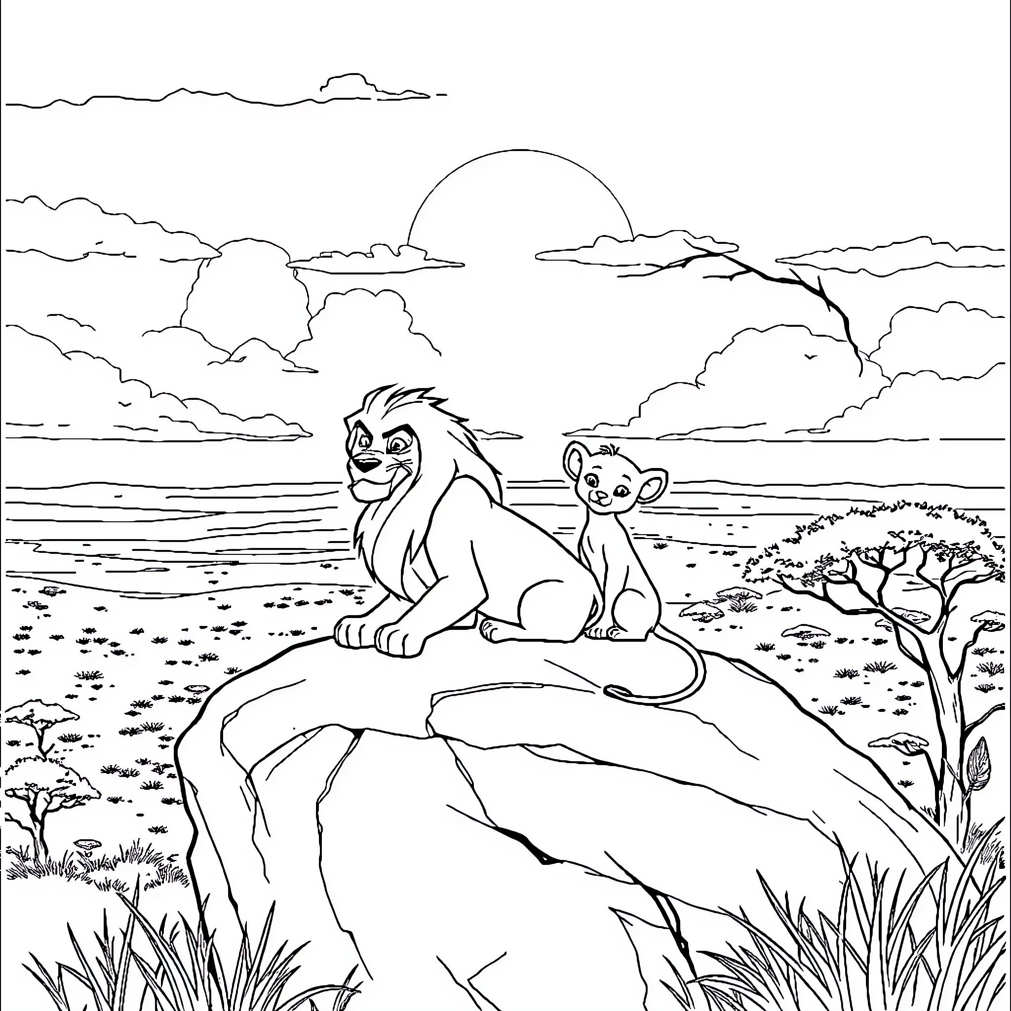 Simba and Nala explore the African savanna Coloring Page (free black-and-white line drawing printable PDF for all, from beginners to advanced learners, including children, teens, adults, and seniors)