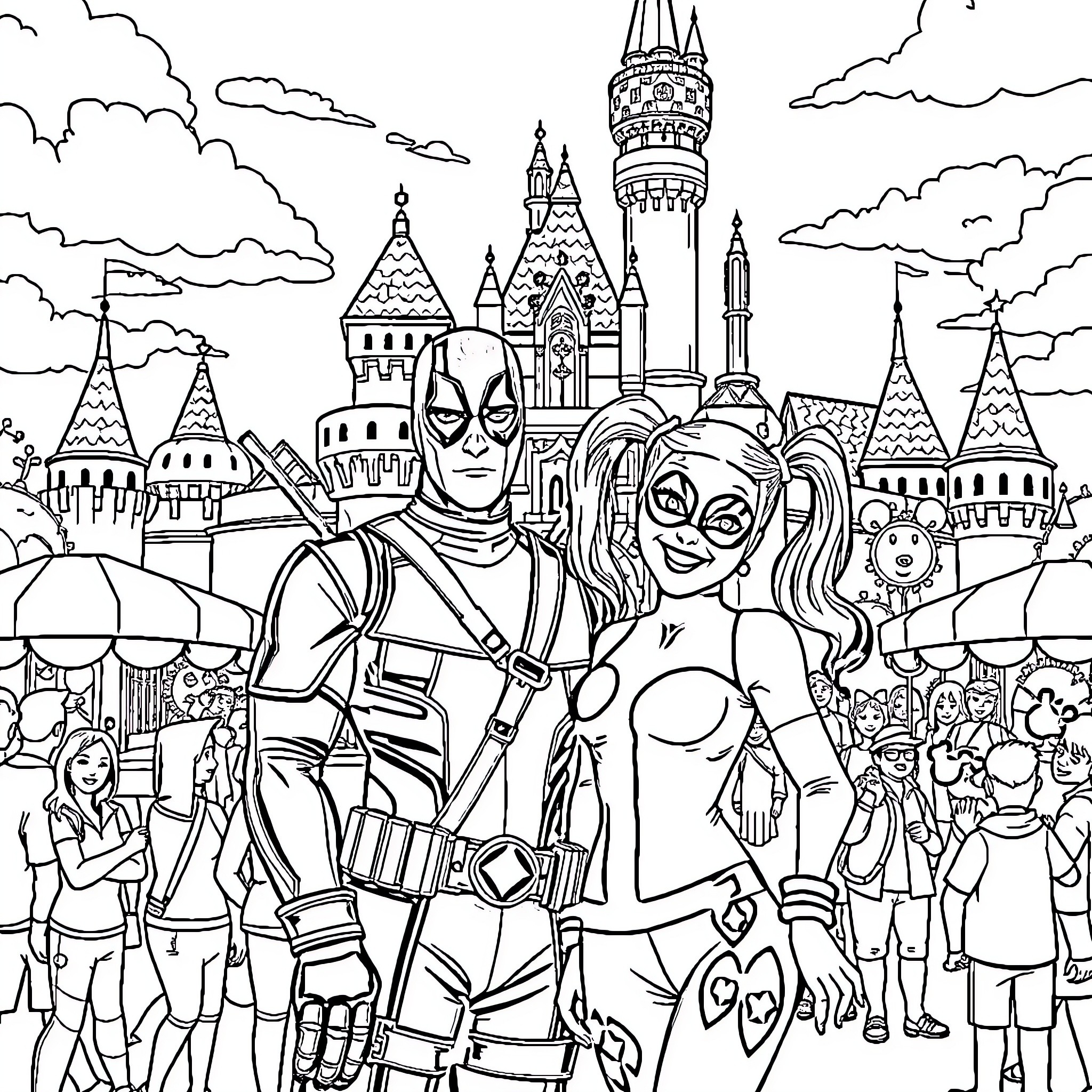 Deadpool and Harley Quinn's Enchanting Adventure Coloring Page (free black-and-white line drawing printable PDF for all, from beginners to advanced learners, including children, teens, adults, and seniors)