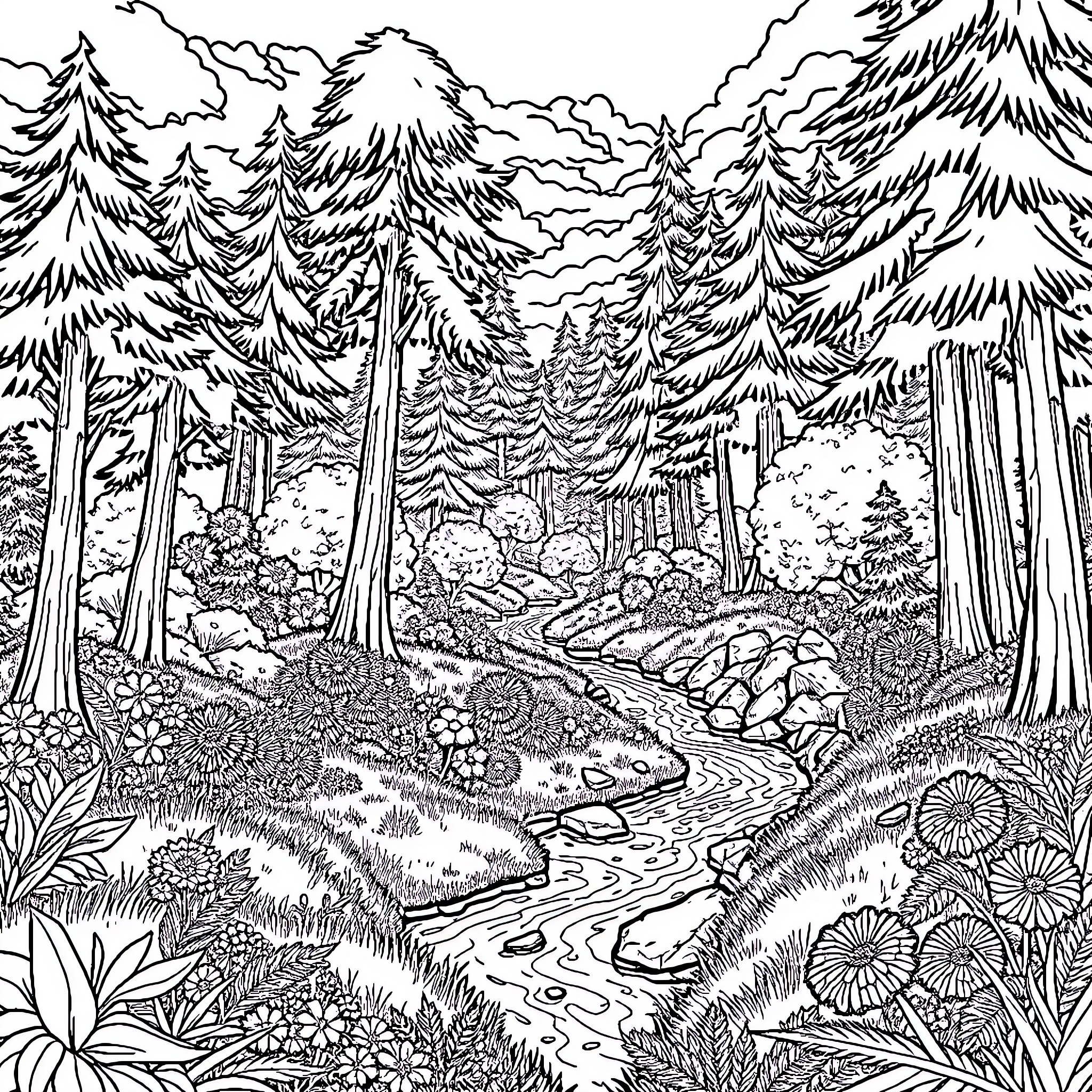 Fortnite Scenic Mountain Forest Landscape Coloring Page (free black-and-white line drawing printable PDF for all, from beginners to advanced learners, including children, teens, adults, and seniors)
