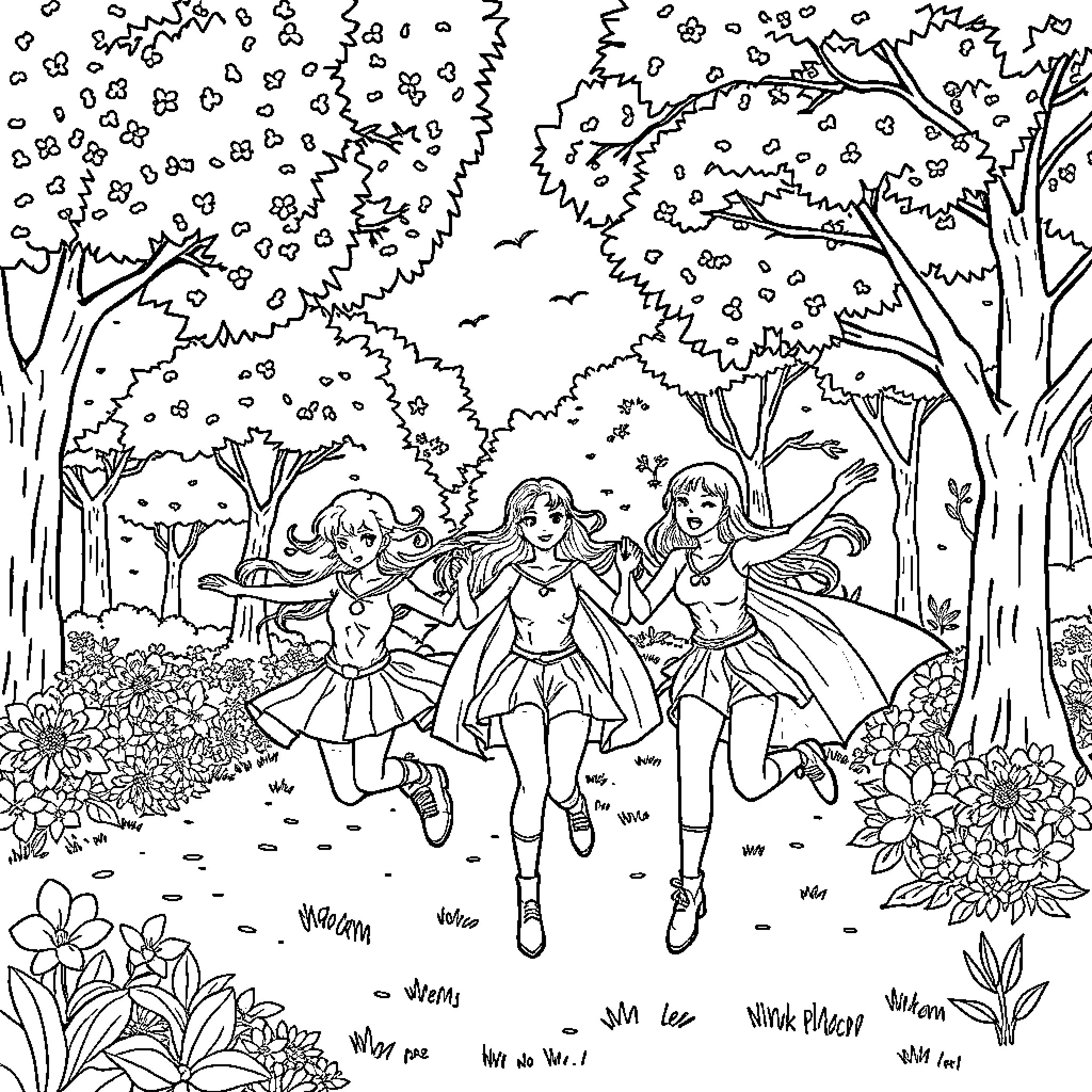 Powerpuff Girls enjoying the outdoors in nature Coloring Page (free black-and-white line drawing printable PDF for all, from beginners to advanced learners, including children, teens, adults, and seniors)