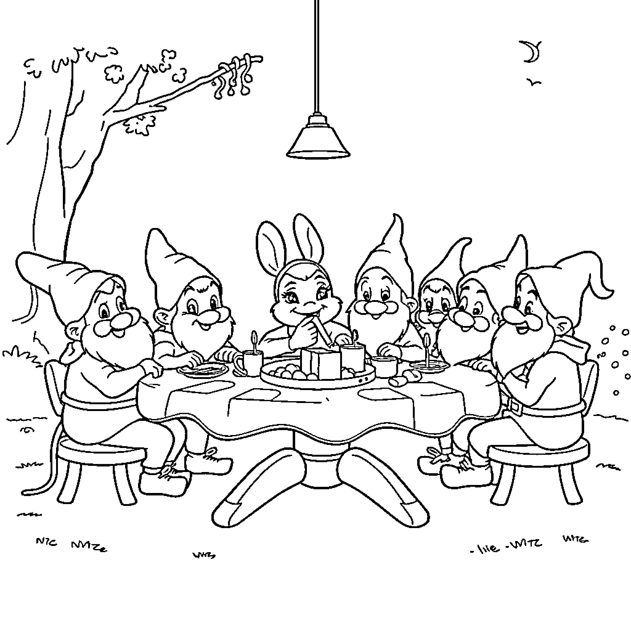 Pat's Garden Party with Gnomes Coloring Page (free black-and-white line drawing printable PDF for all, from beginners to advanced learners, including children, teens, adults, and seniors)