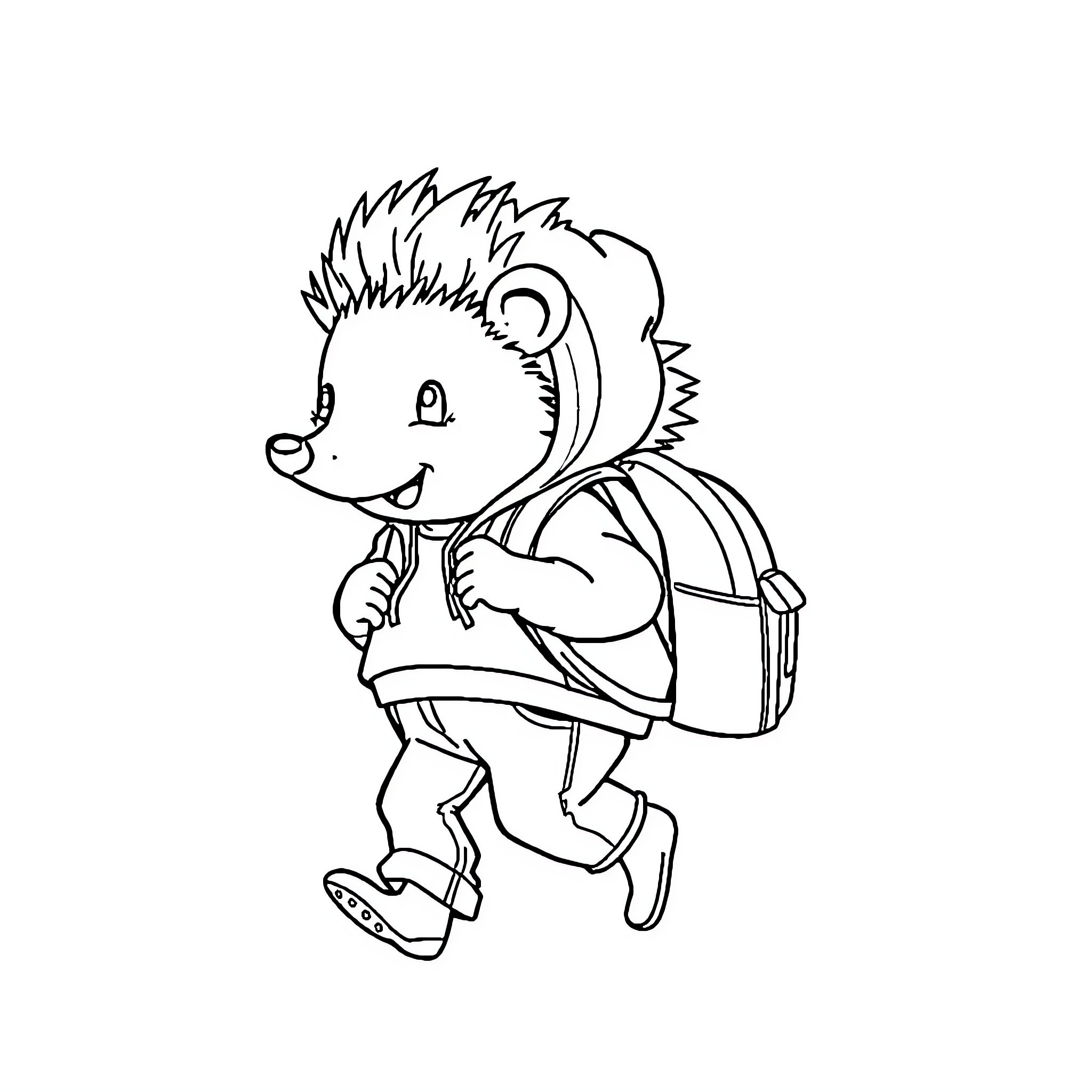 Hedgehog going to school with backpack Coloring Page (free black-and-white line drawing printable PDF for all, from beginners to advanced learners, including children, teens, adults, and seniors)