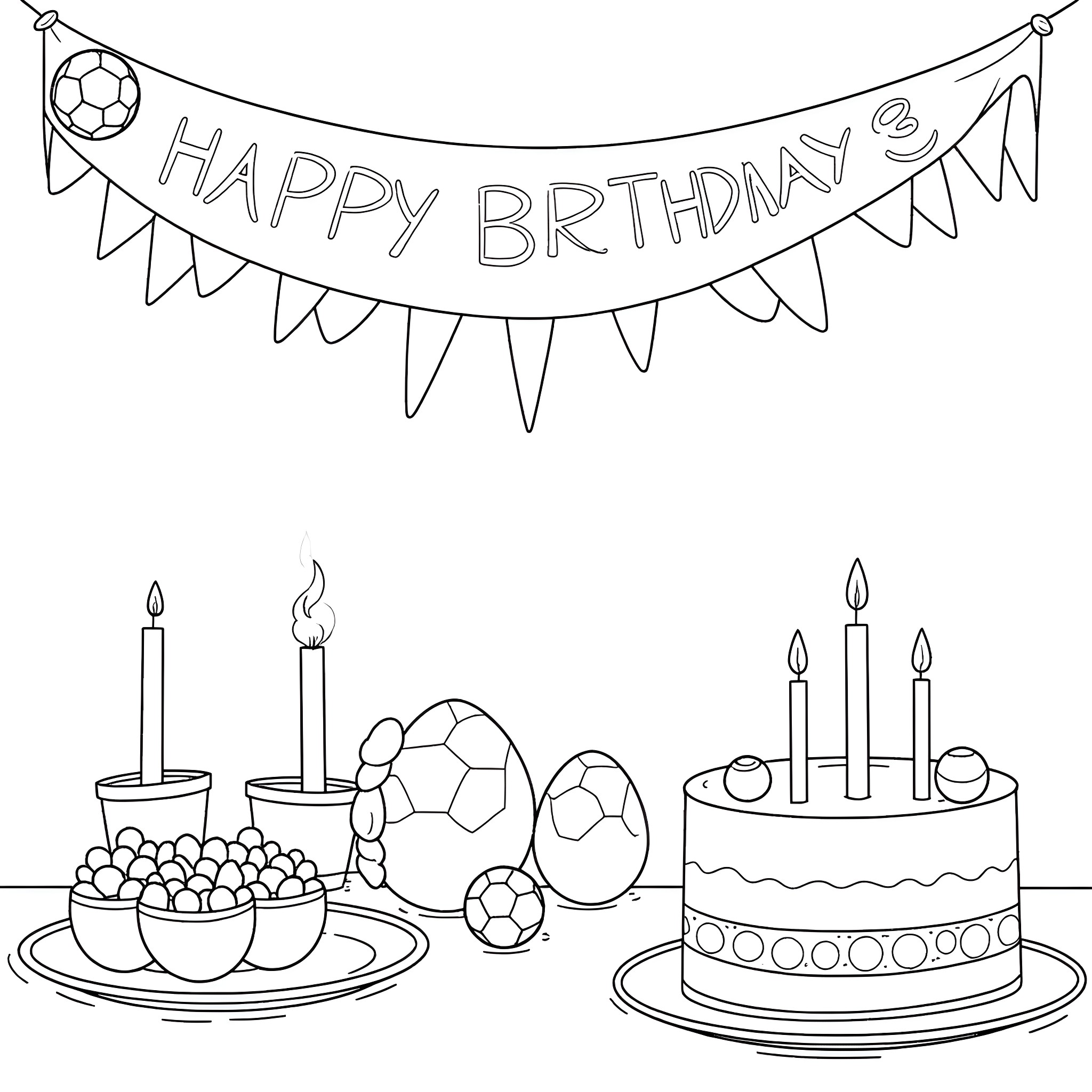 Soccer Boy's Birthday Celebration Coloring Page (free black-and-white line drawing printable PDF for all, from beginners to advanced learners, including children, teens, adults, and seniors)