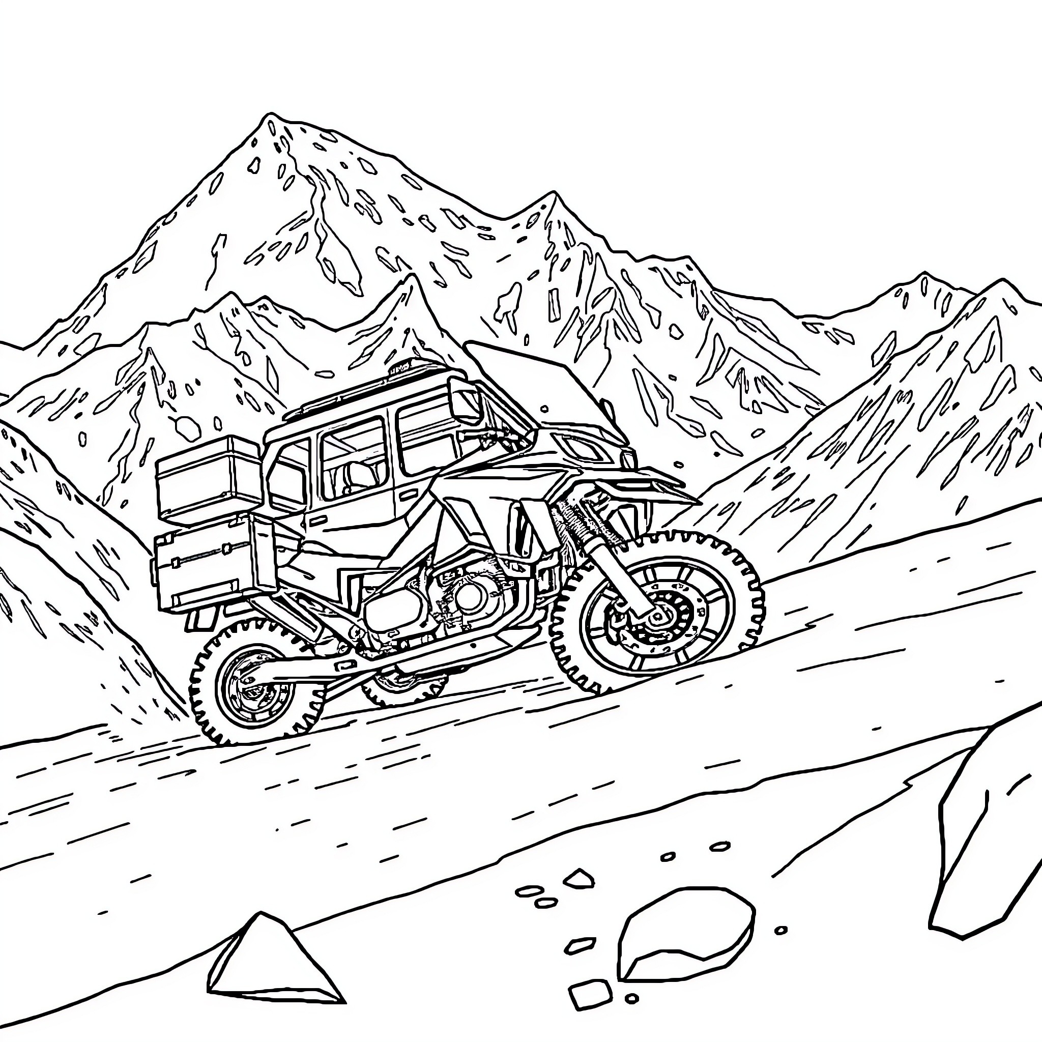 K1500 off-road adventure through mountainous terrain Coloring Page (free black-and-white line drawing printable PDF for all, from beginners to advanced learners, including children, teens, adults, and seniors)