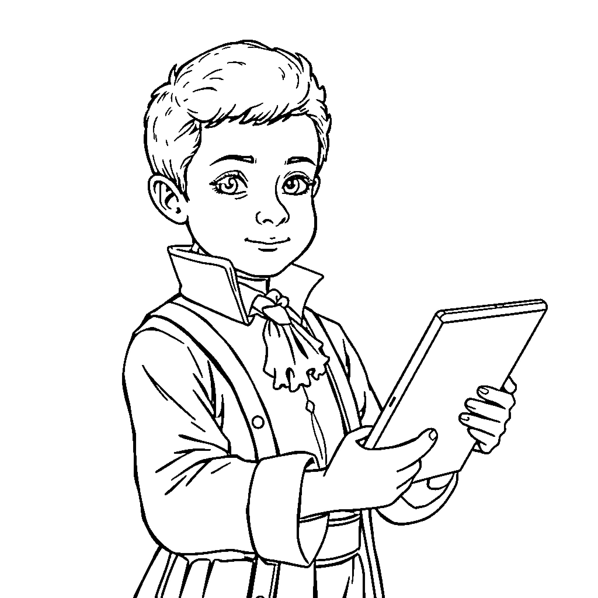 Boy Using a Tablet Device Happily Coloring Page (free black-and-white line drawing printable PDF for all, from beginners to advanced learners, including children, teens, adults, and seniors)
