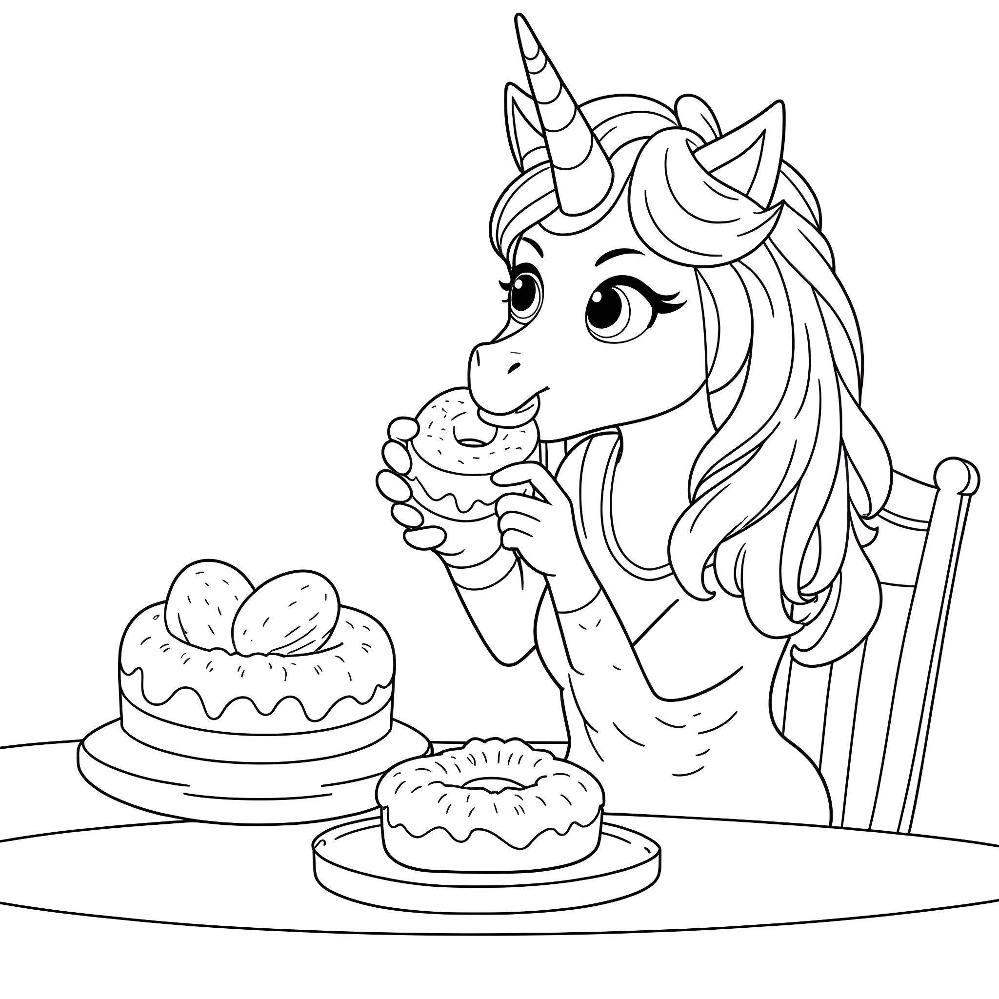 Unicorn enjoying a sweet treat Coloring Page (free black-and-white line drawing printable PDF for all, from beginners to advanced learners, including children, teens, adults, and seniors)