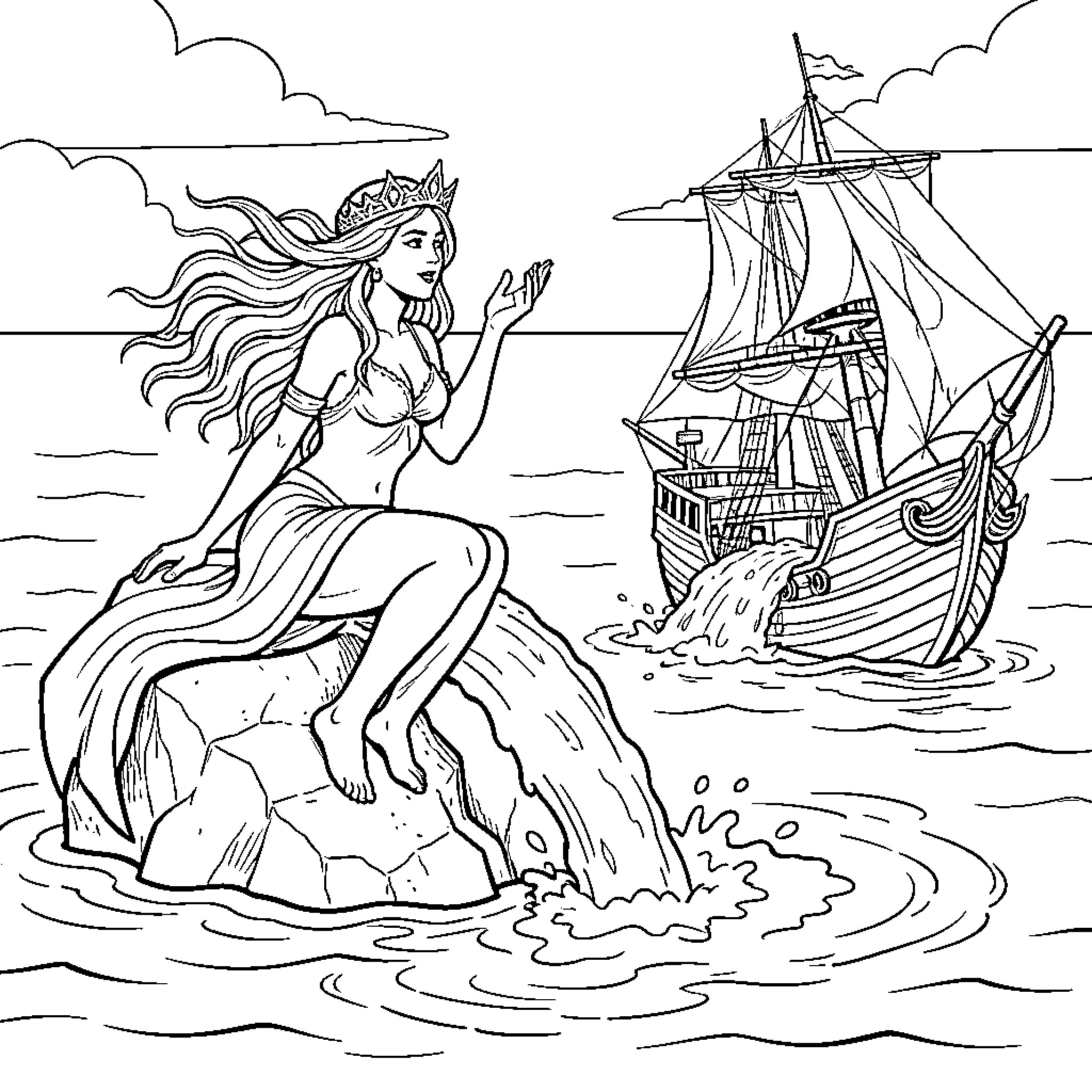Siren sitting on a rock calling to a ship Coloring Page (free black-and-white line drawing printable PDF for all, from beginners to advanced learners, including children, teens, adults, and seniors)