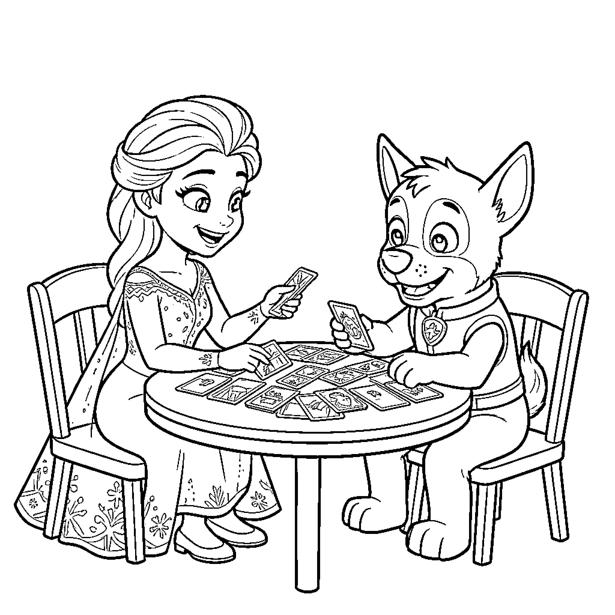 Elsa playing a card game with a puppy Coloring Page (free black-and-white line drawing printable PDF for all, from beginners to advanced learners, including children, teens, adults, and seniors)