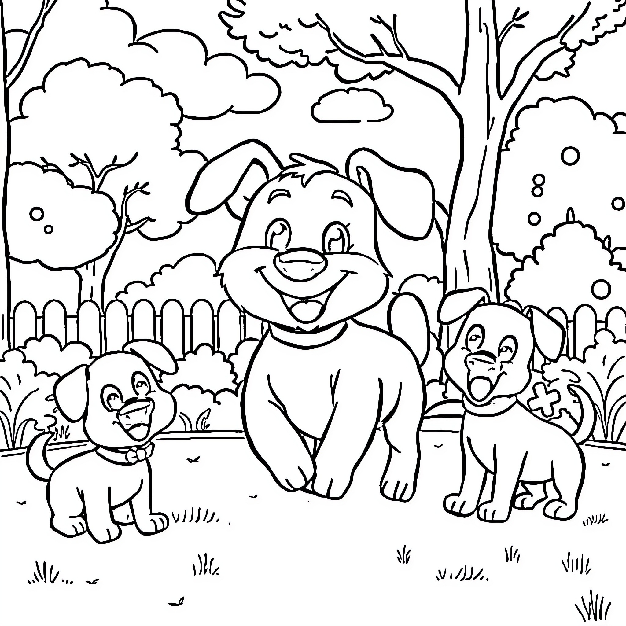 Bluey's Playful Pups in the Lush Outdoors Coloring Page (free black-and-white line drawing printable PDF for all, from beginners to advanced learners, including children, teens, adults, and seniors)