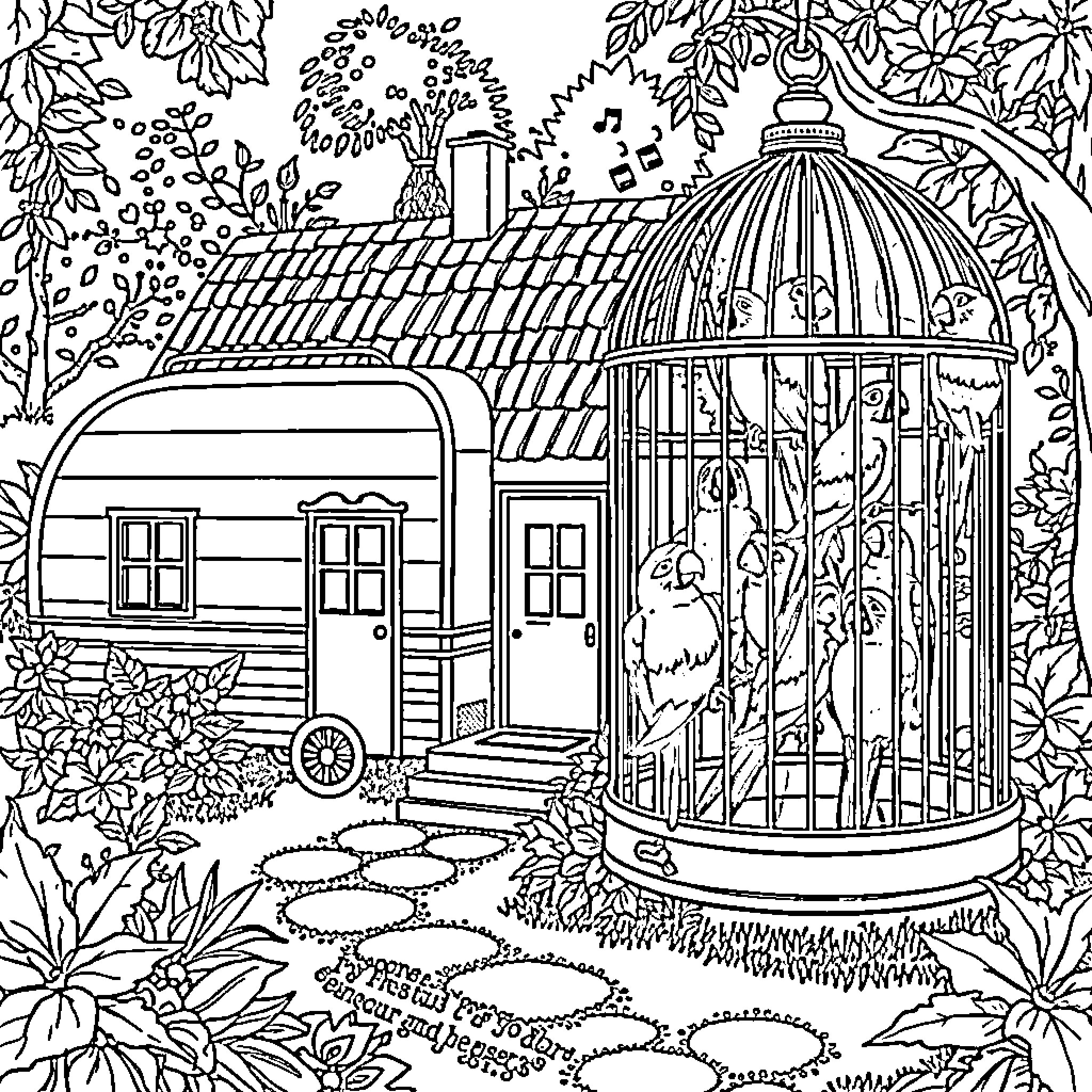 House in a whimsical garden setting Coloring Page (free black-and-white line drawing printable PDF for all, from beginners to advanced learners, including children, teens, adults, and seniors)