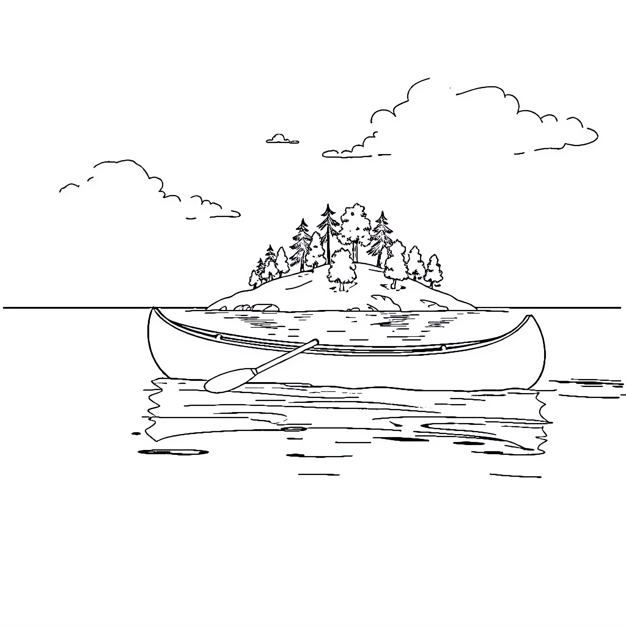 Canoe floating on tranquil lake with forested island Coloring Page (free black-and-white line drawing printable PDF for all, from beginners to advanced learners, including children, teens, adults, and seniors)