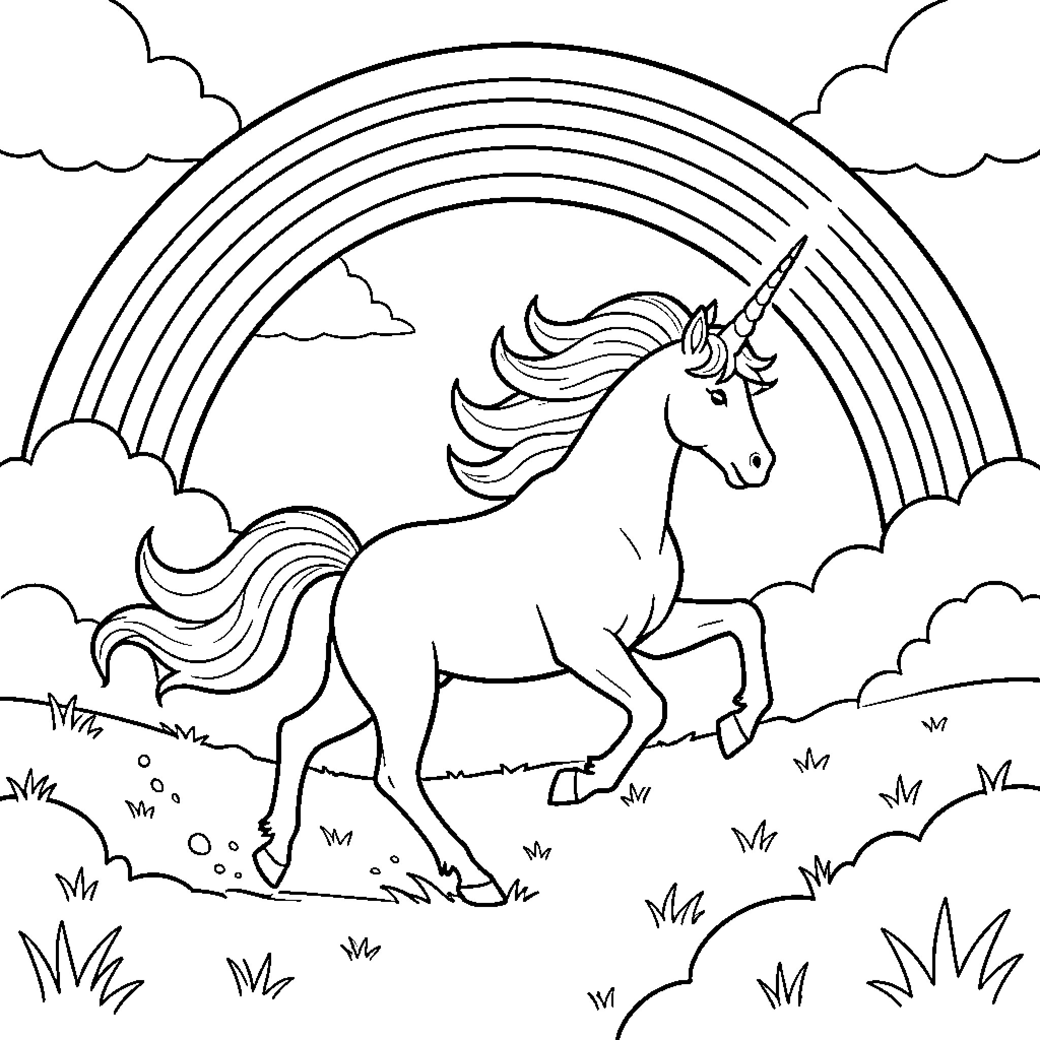 Unicorn galloping joyfully under a large rainbow Coloring Page (free black-and-white line drawing printable PDF for all, from beginners to advanced learners, including children, teens, adults, and seniors)